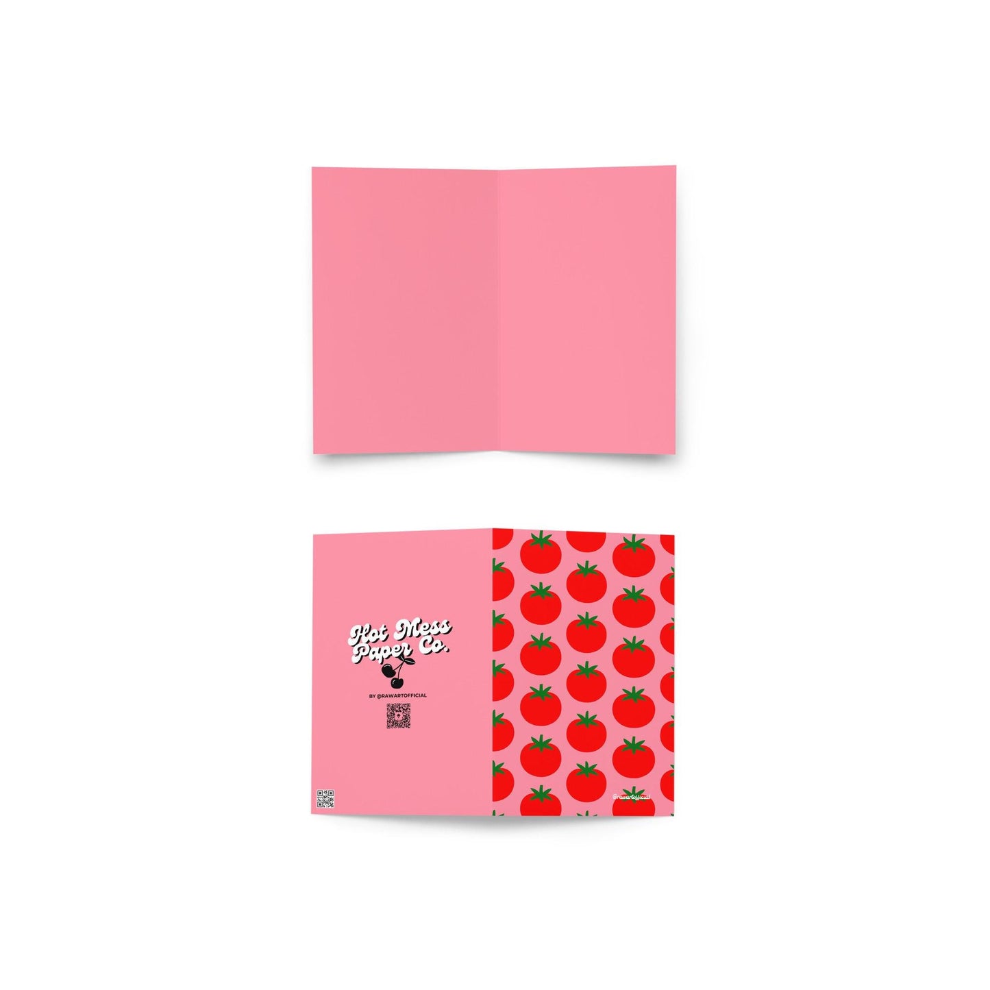 Greeting card featuring a repeating pattern of bold red tomatoes with green stems on a soft pink background in a minimalist Italian summer style.