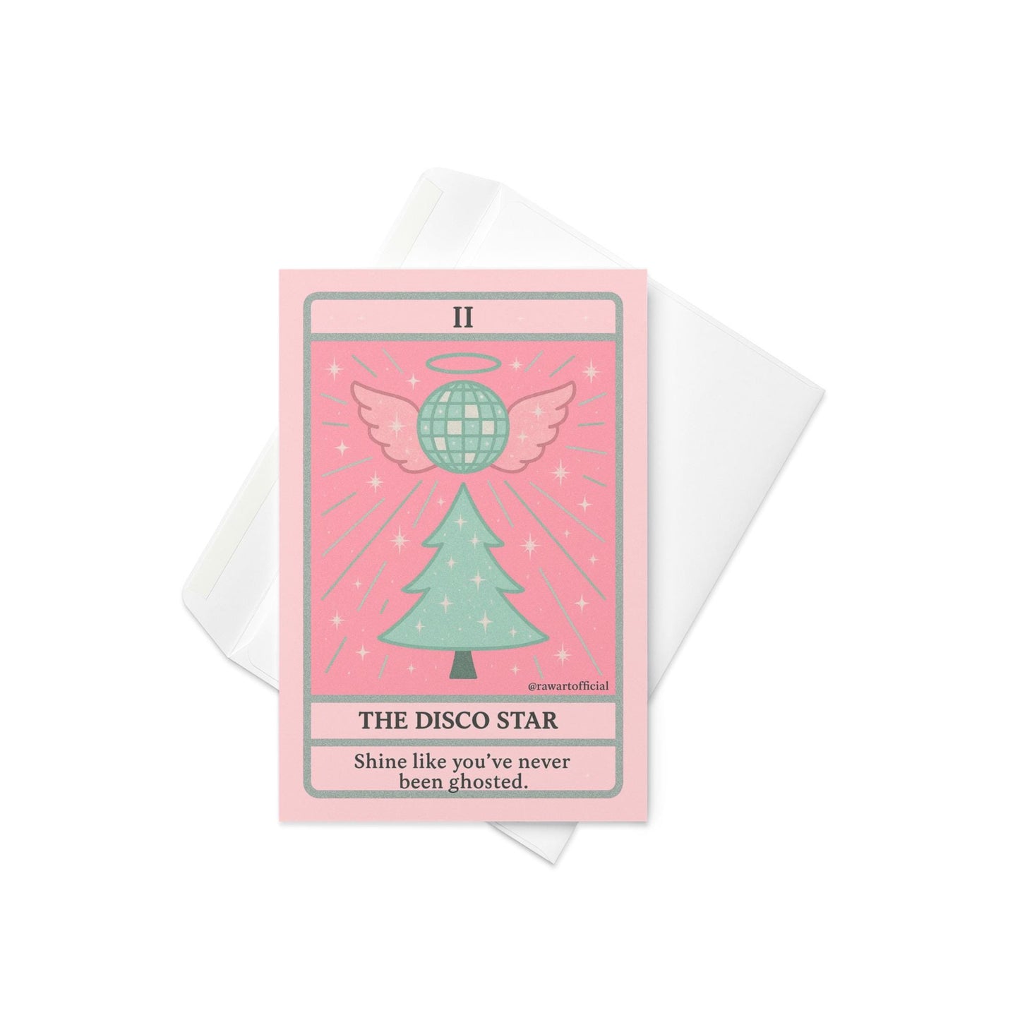 Pastel pink and mint Christmas tarot-style card featuring a sparkly disco ball with angel wings above a Christmas tree, with text reading “The Disco Star – Shine like you’ve never been ghosted.”