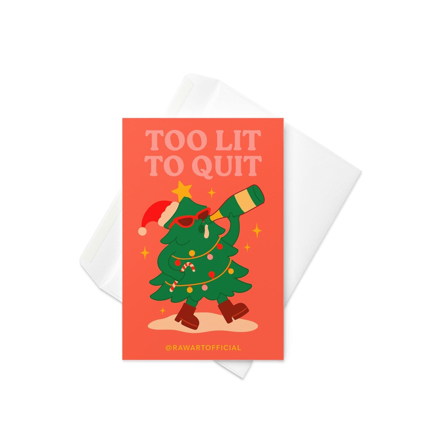 Funny Christmas card with retro Christmas tree in sunglasses chugging champagne, phrase "Too Lit to Quit."