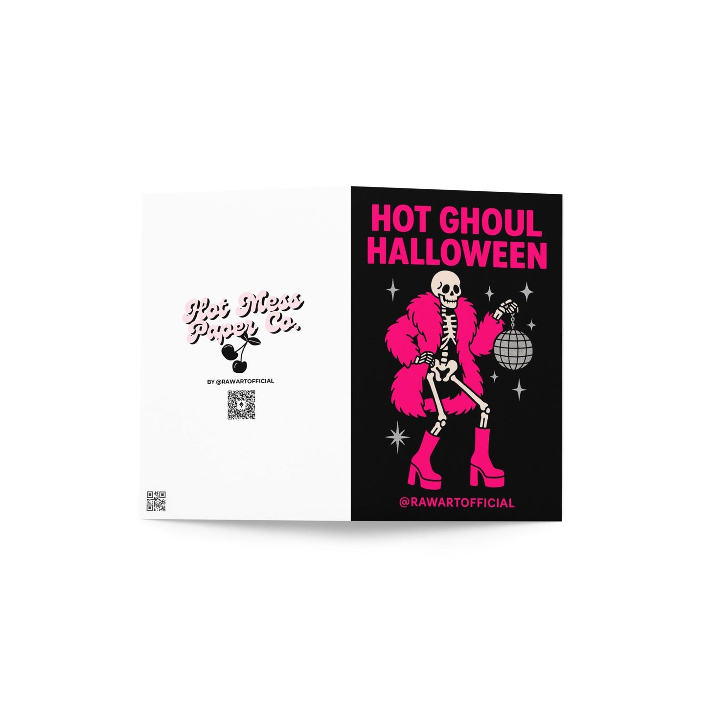 Skeleton in hot pink coat and boots holding disco ball with text “Hot Ghoul Halloween” on black background.