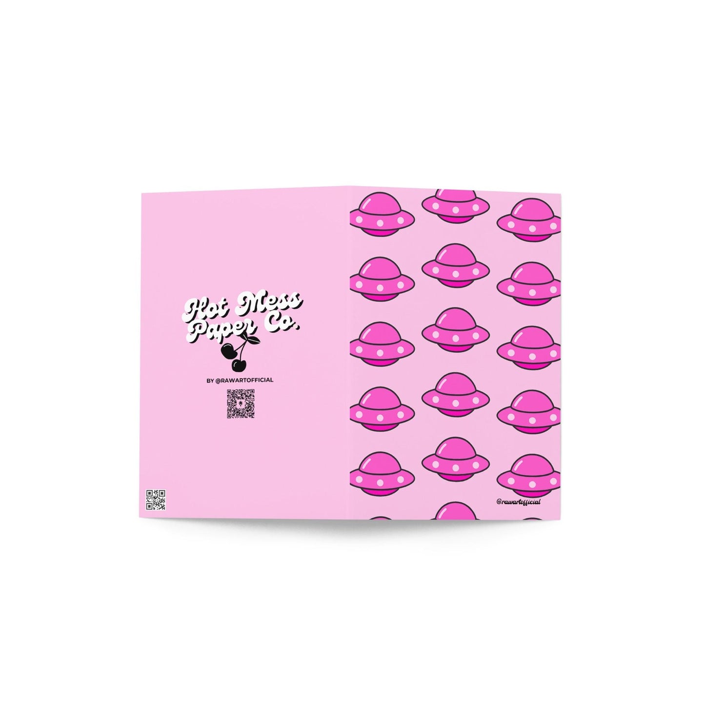 Greeting card featuring a repeating pattern of pink UFO illustrations on a pink background.