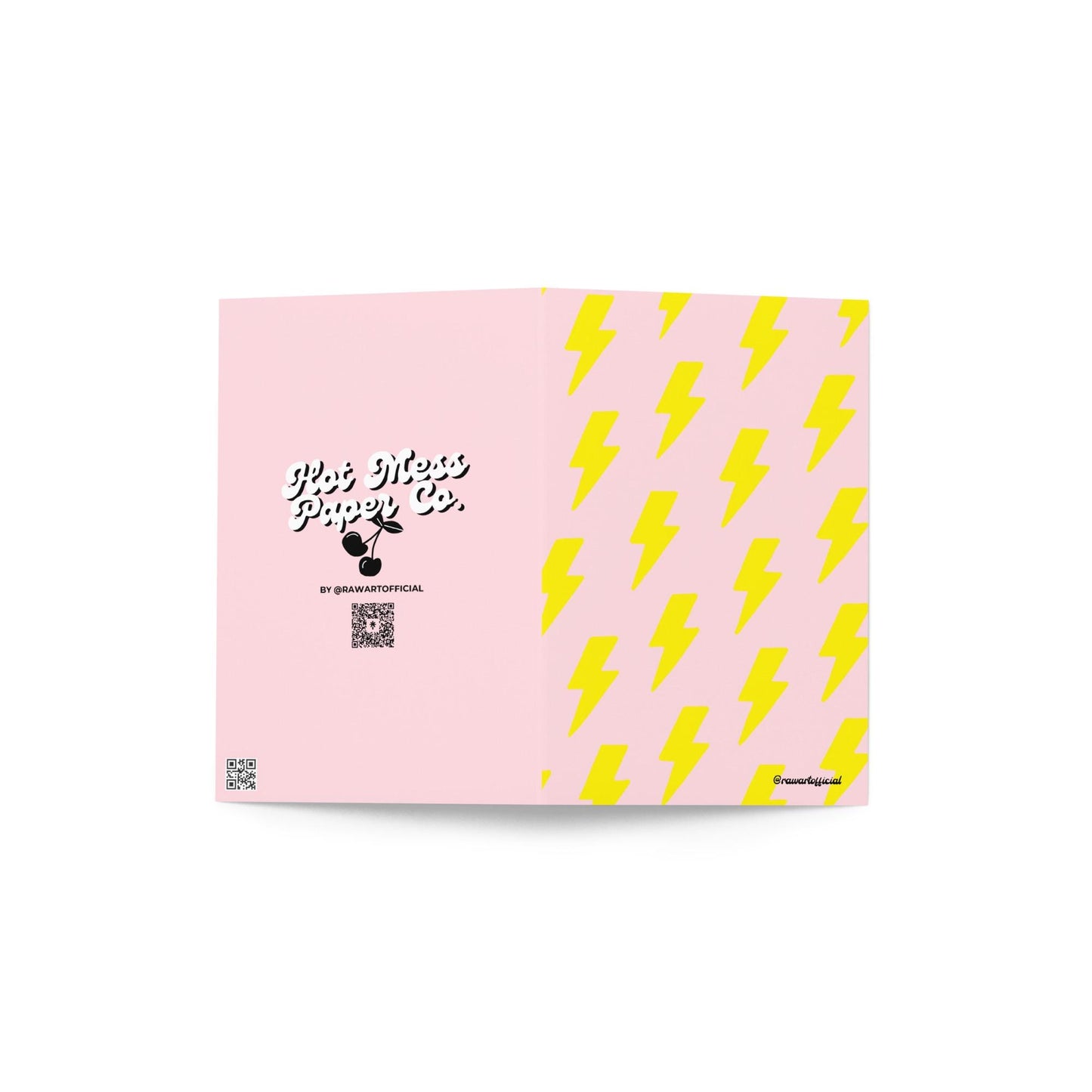 Greeting card featuring a repeating pattern of yellow lightning bolts on a pink background.