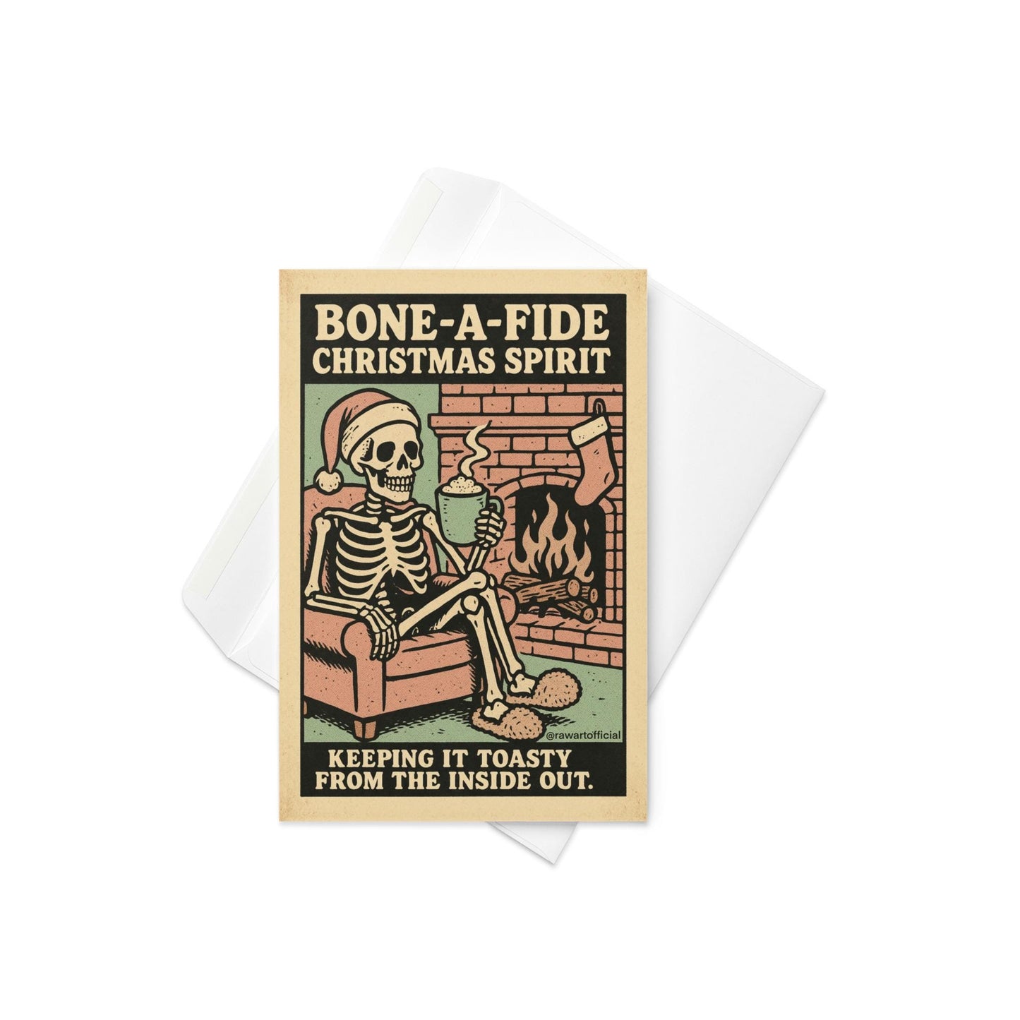 Retro beige Christmas card featuring a skeleton in slippers and Santa hat sipping cocoa by a fireplace with text “Bone-A-Fide Christmas Spirit.”