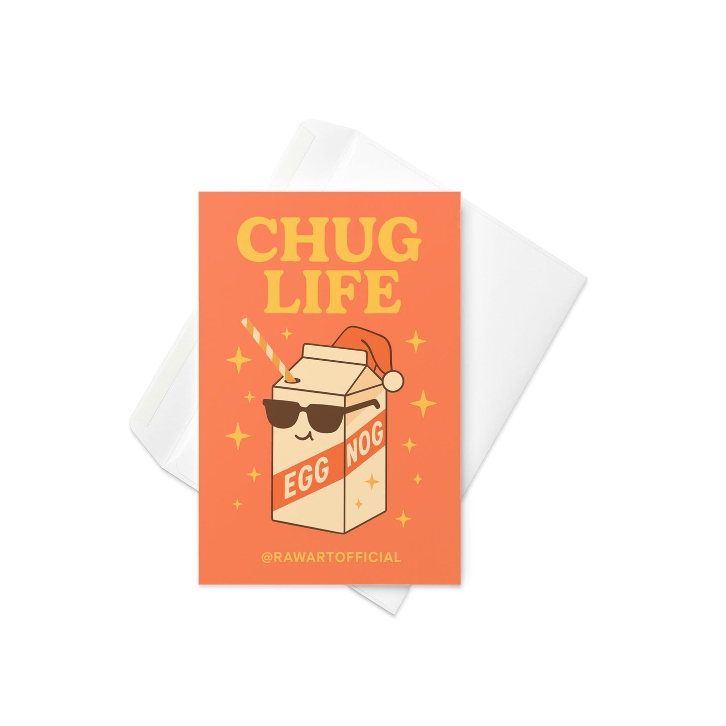 Retro orange Christmas card featuring a smiling eggnog carton wearing sunglasses and a Santa hat with the phrase “Chug Life” in bold yellow text, surrounded by sparkly gold stars.