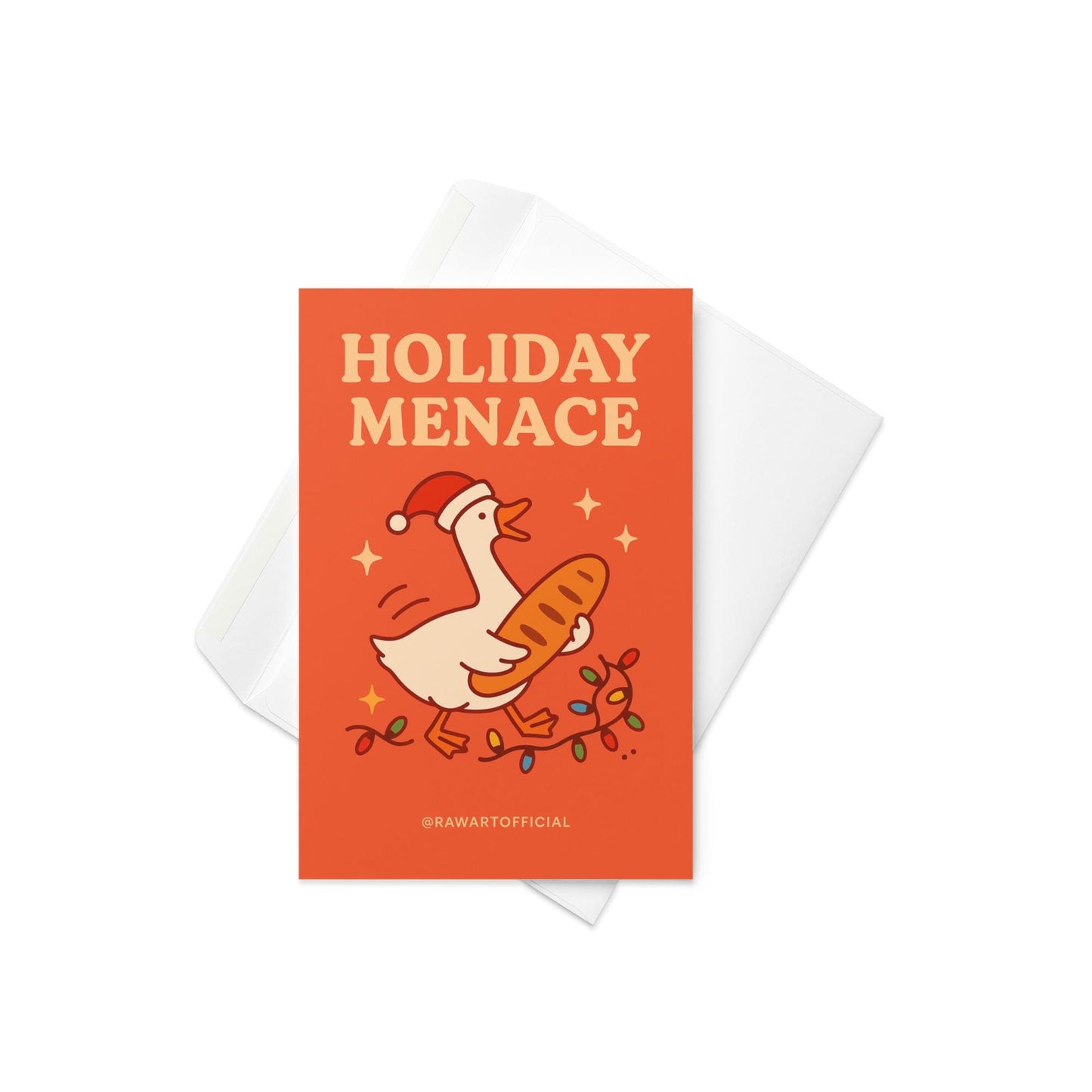 Cute goose in Santa hat holding bread with lights and sparkles on orange background, funny Xmas card