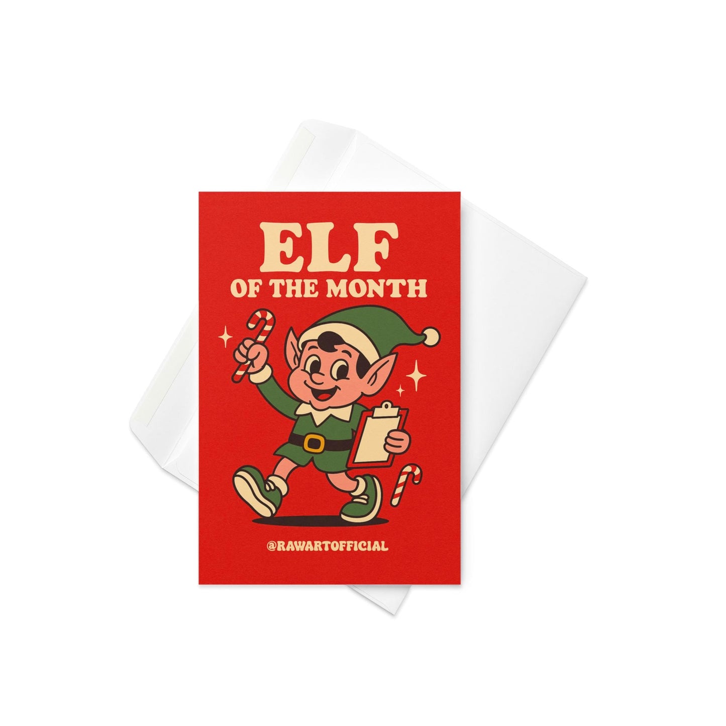 Funny Christmas card with retro elf holding clipboard and candy cane with text “Elf of the Month.”