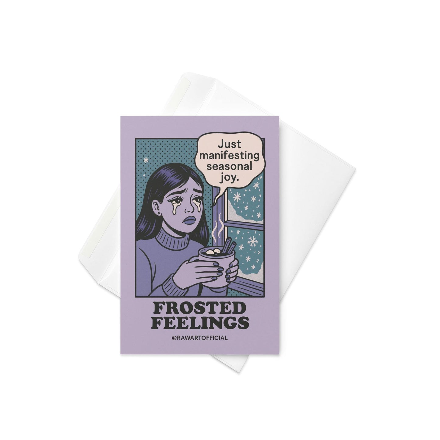 Funny Christmas greeting card featuring a retro comic-style illustration of a woman holding hot cocoa by a snowy window with the text “Frosted Feelings.”