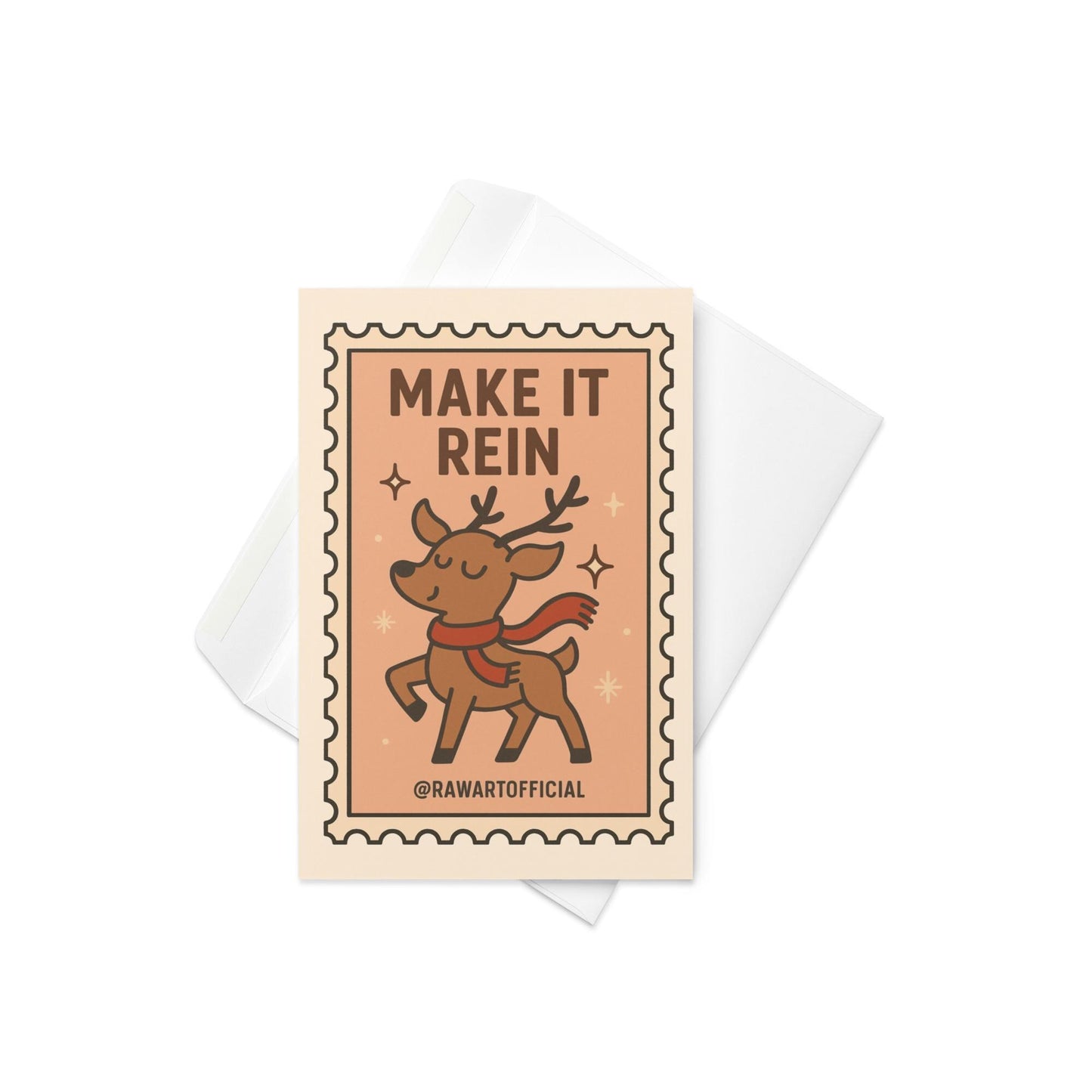 Cute prancing reindeer Christmas card with retro stamp style.