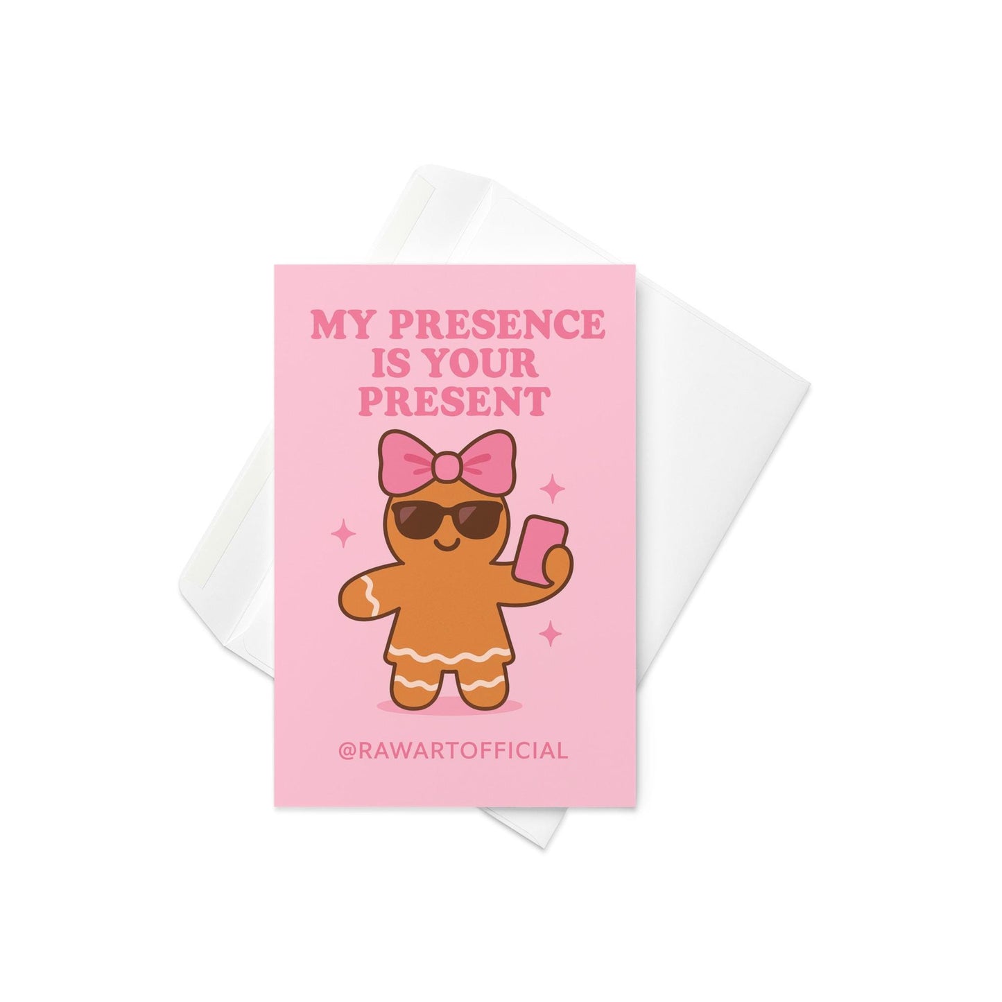 Funny Christmas card for sister featuring a stylish gingerbread character with sunglasses and text “My presence is your present” on a pink background