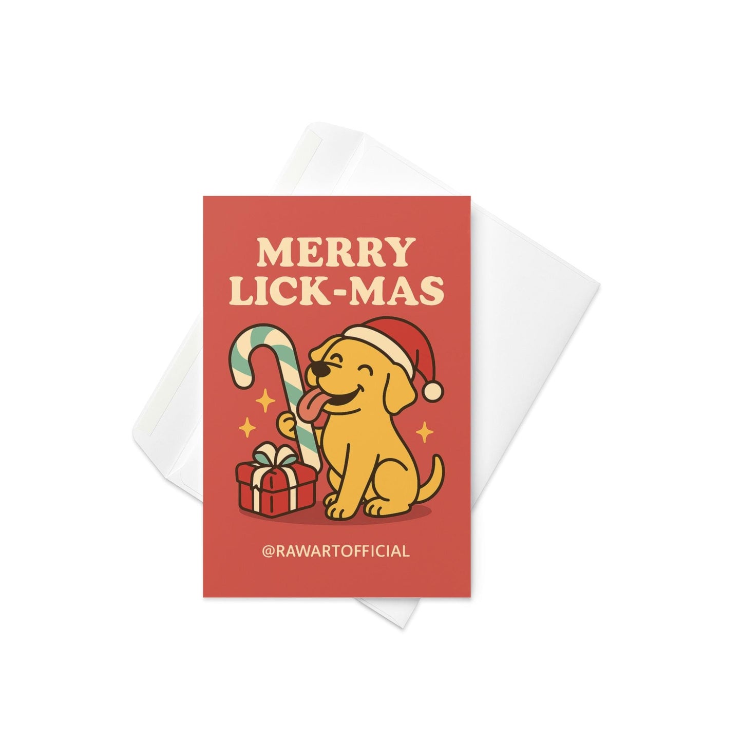 Yellow Lab holding candy cane with gift, funny red Christmas card saying Merry Lick-mas.