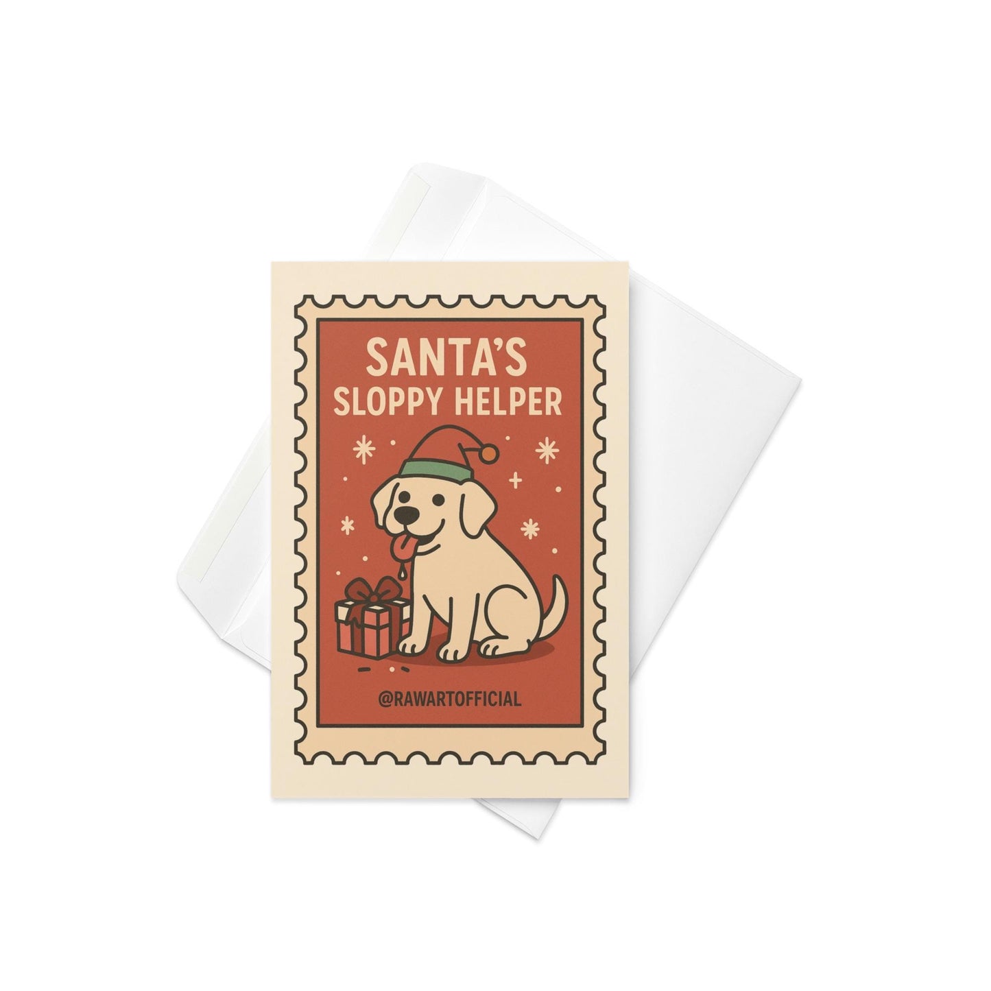 Retro Christmas greeting card featuring a Labrador dog wearing a Santa hat with a gift and text “Santa’s Sloppy Helper” in a vintage stamp-style design