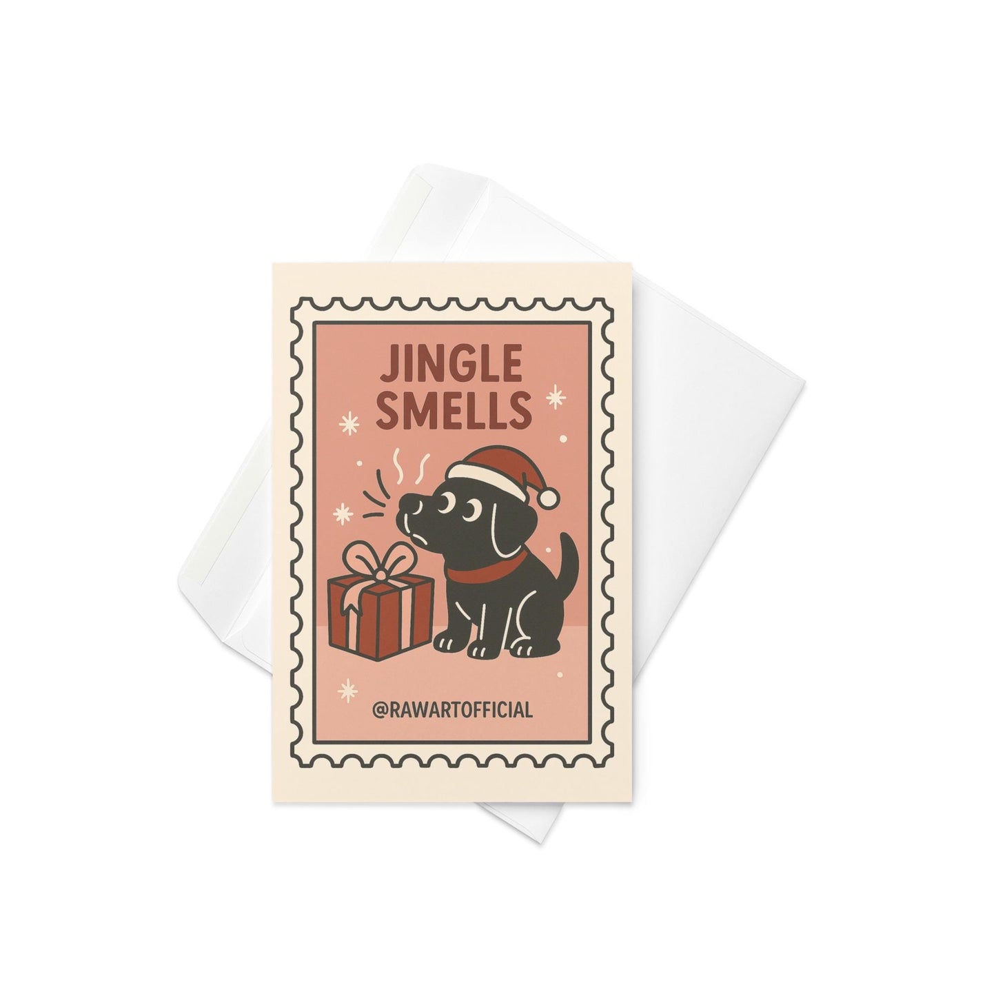 Funny Christmas card featuring a Labrador dog in a Santa hat sniffing a wrapped gift with text “Jingle Smells” in a retro style design