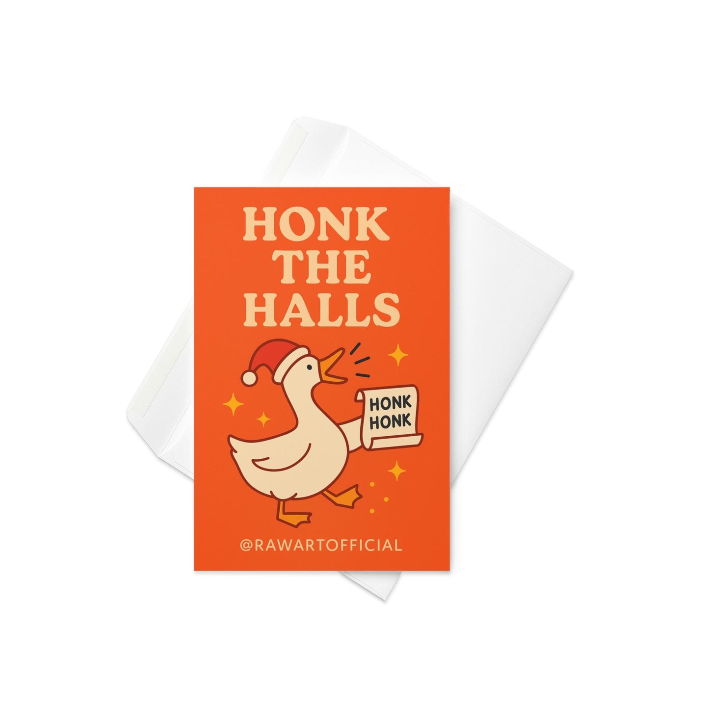 Cute goose wearing Santa hat holding a “Honk Honk” scroll with text “Honk the Halls.”