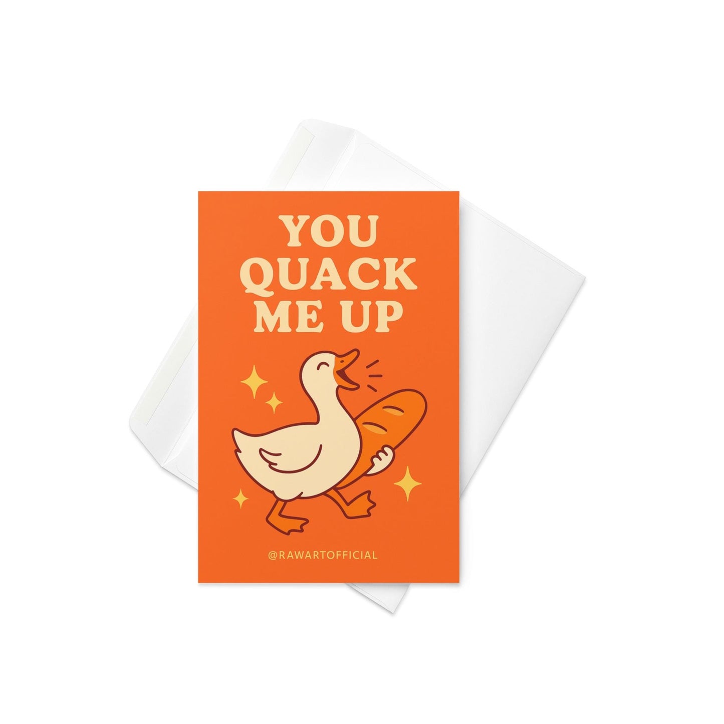 Cute goose holding a loaf of bread with sparkles and text reading “You Quack Me Up” on an orange background.