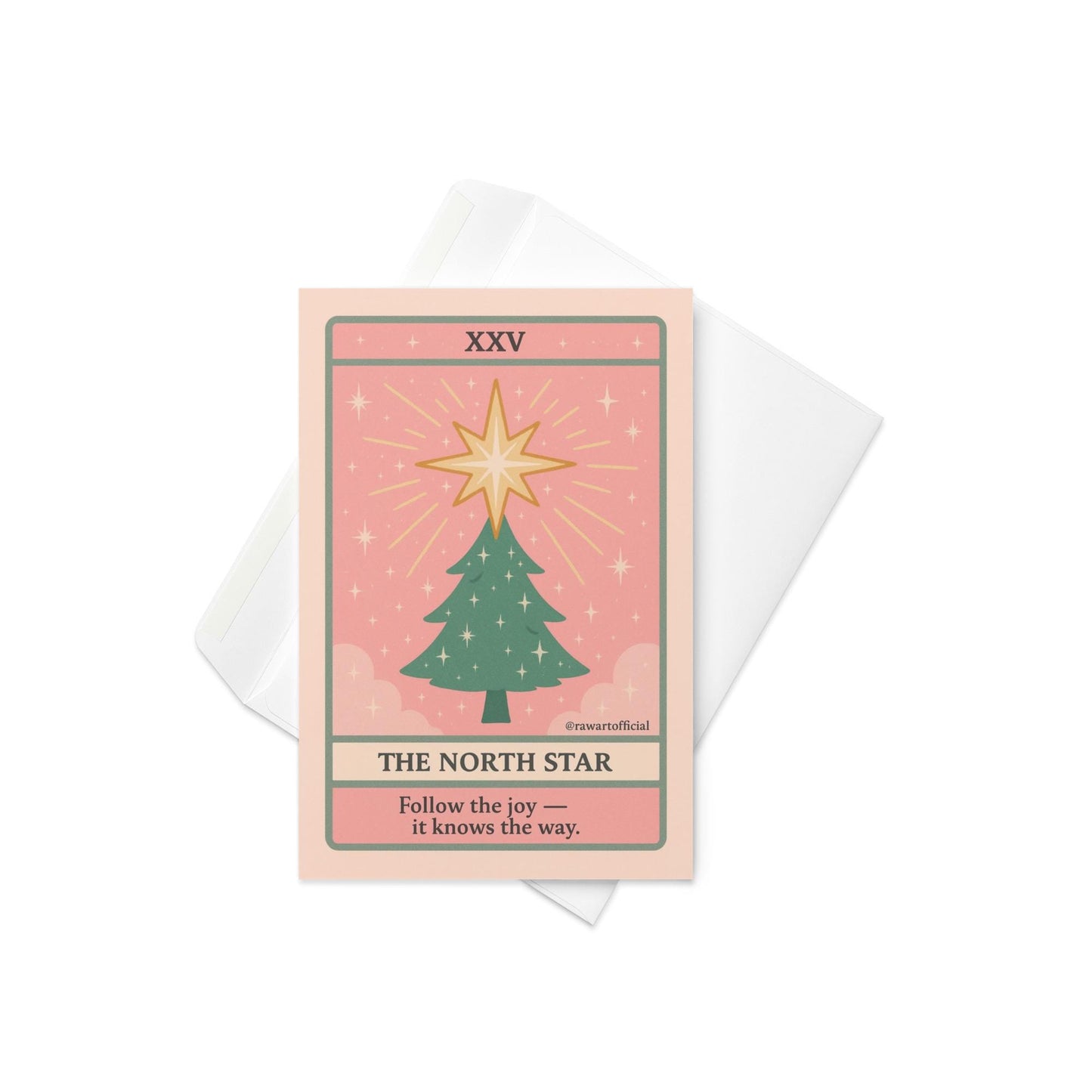 Retro tarot-style Christmas card with glowing North Star above holiday tree.