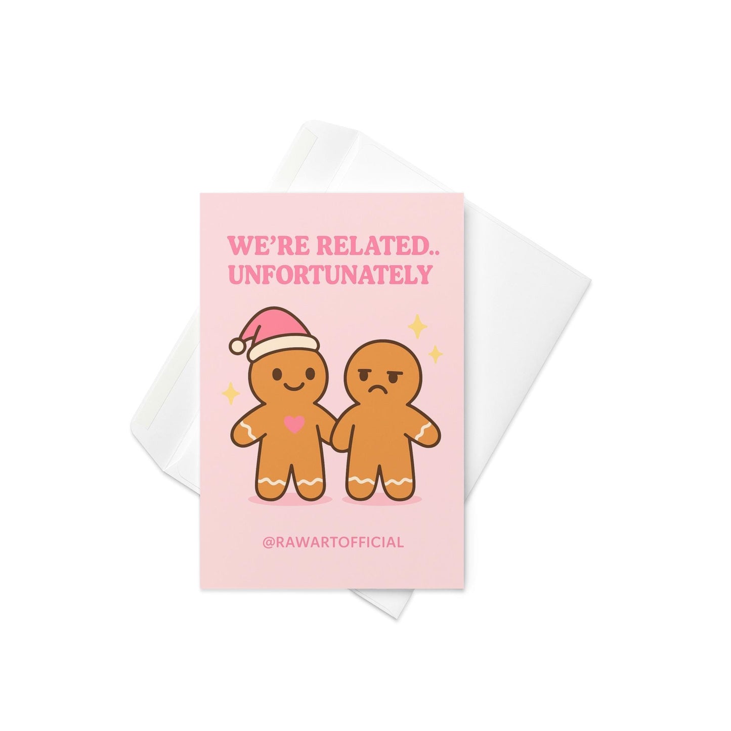Funny Christmas card featuring two gingerbread characters holding hands with text “We’re related unfortunately” in a soft retro style design