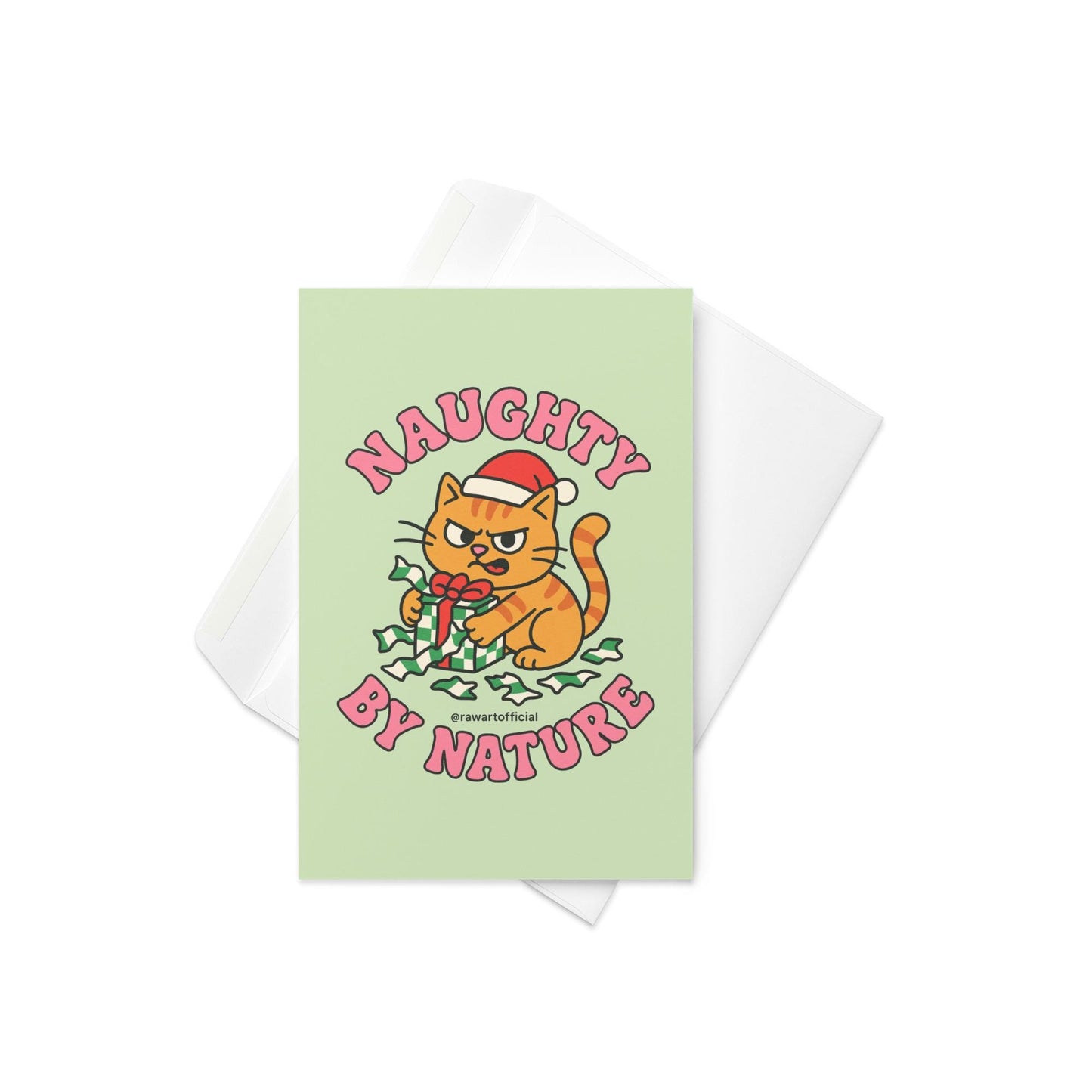 Funny Christmas card with mischievous orange cat wearing Santa hat tearing open a present with text “Naughty By Nature.”