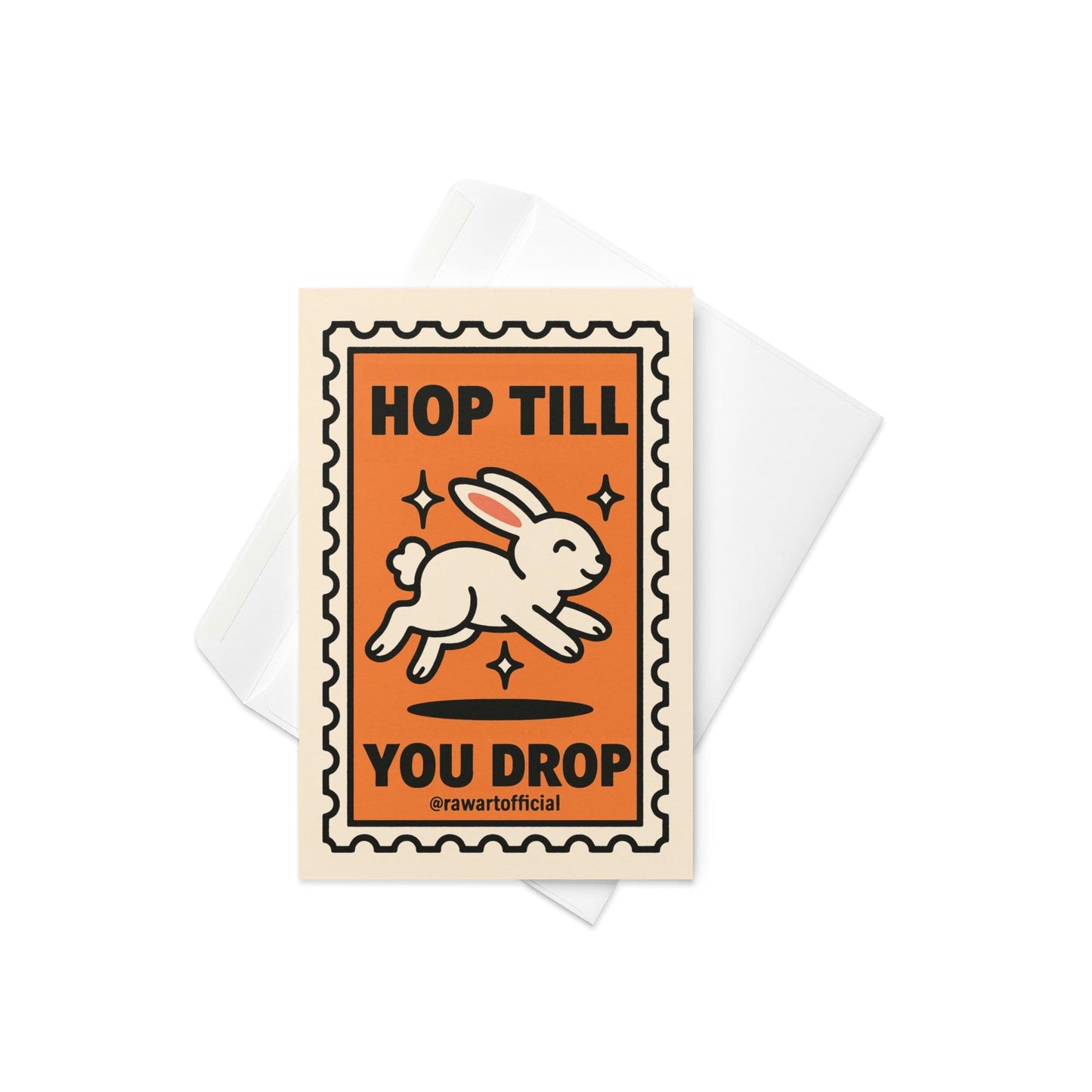 retro easter card with jumping white bunny and text hop till you drop inside postage stamp frame