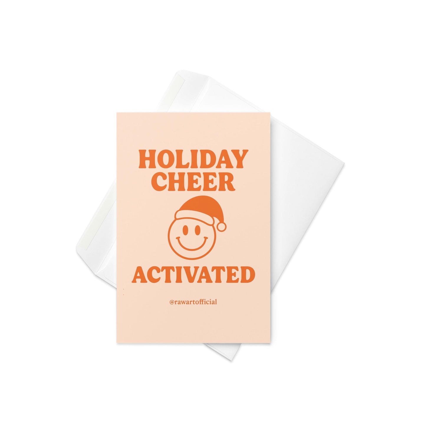 Retro smiley face in Santa hat with text “Holiday Cheer Activated” on peach background.
