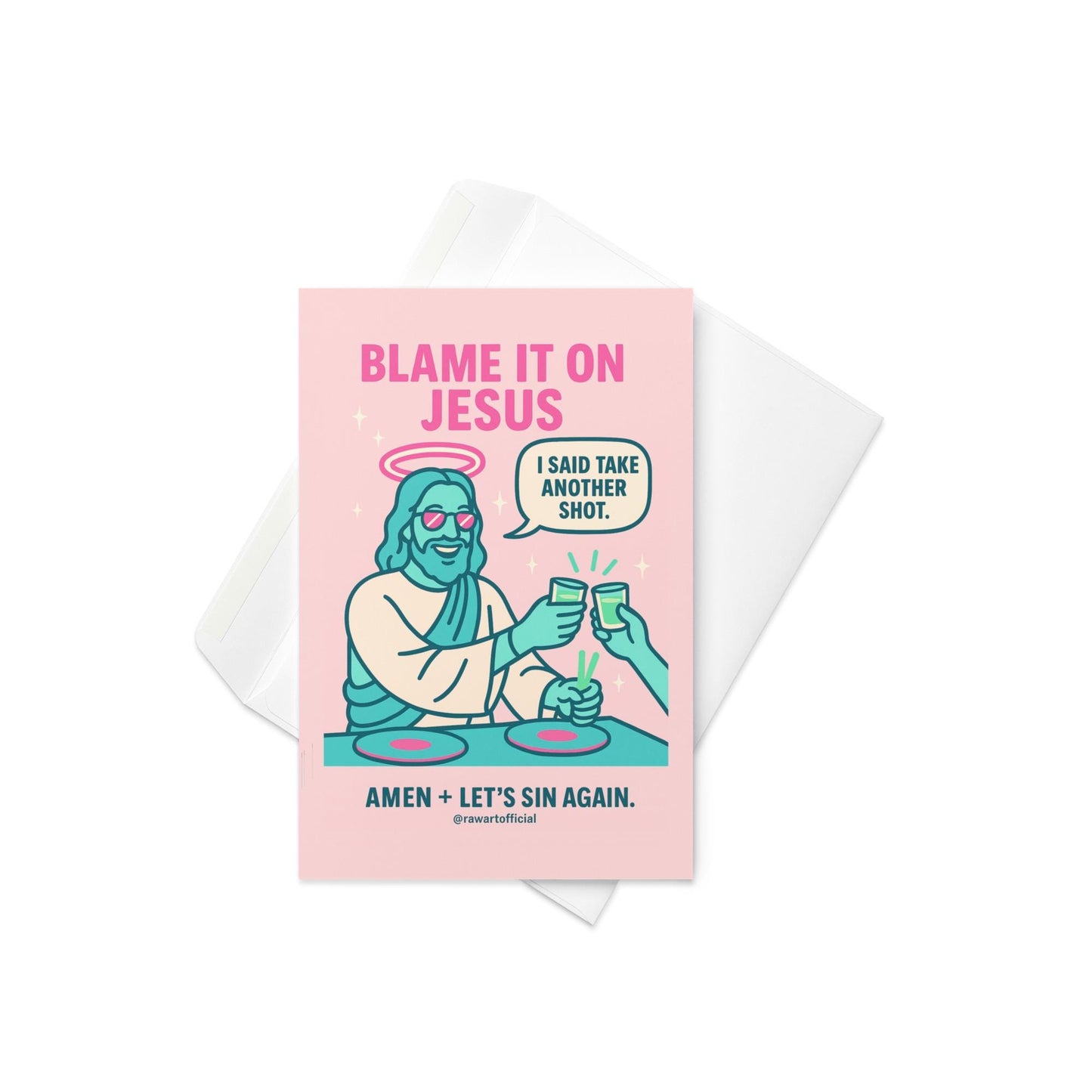 Funny Jesus party birthday card taking shots with neon colors and playful drinking humor.