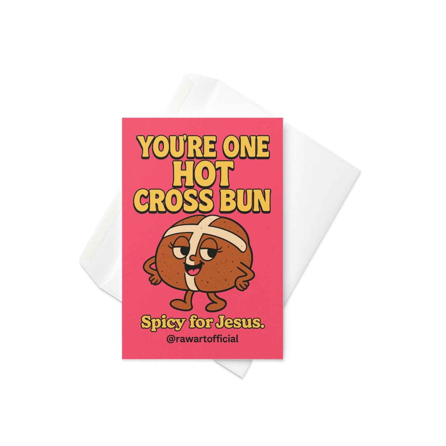 pink easter card with retro hot cross bun character and text you’re one hot cross bun spicy for jesus food pun design