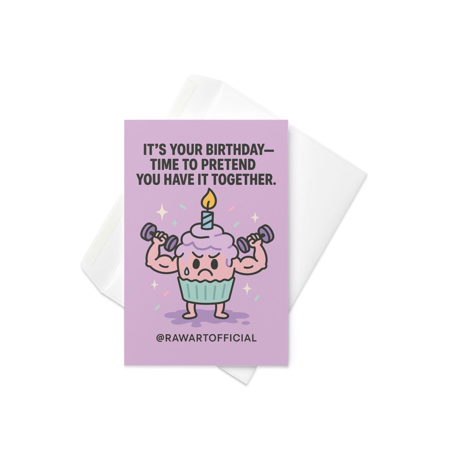 Funny birthday card with muscle cupcake lifting weights and sweating under a birthday candle.