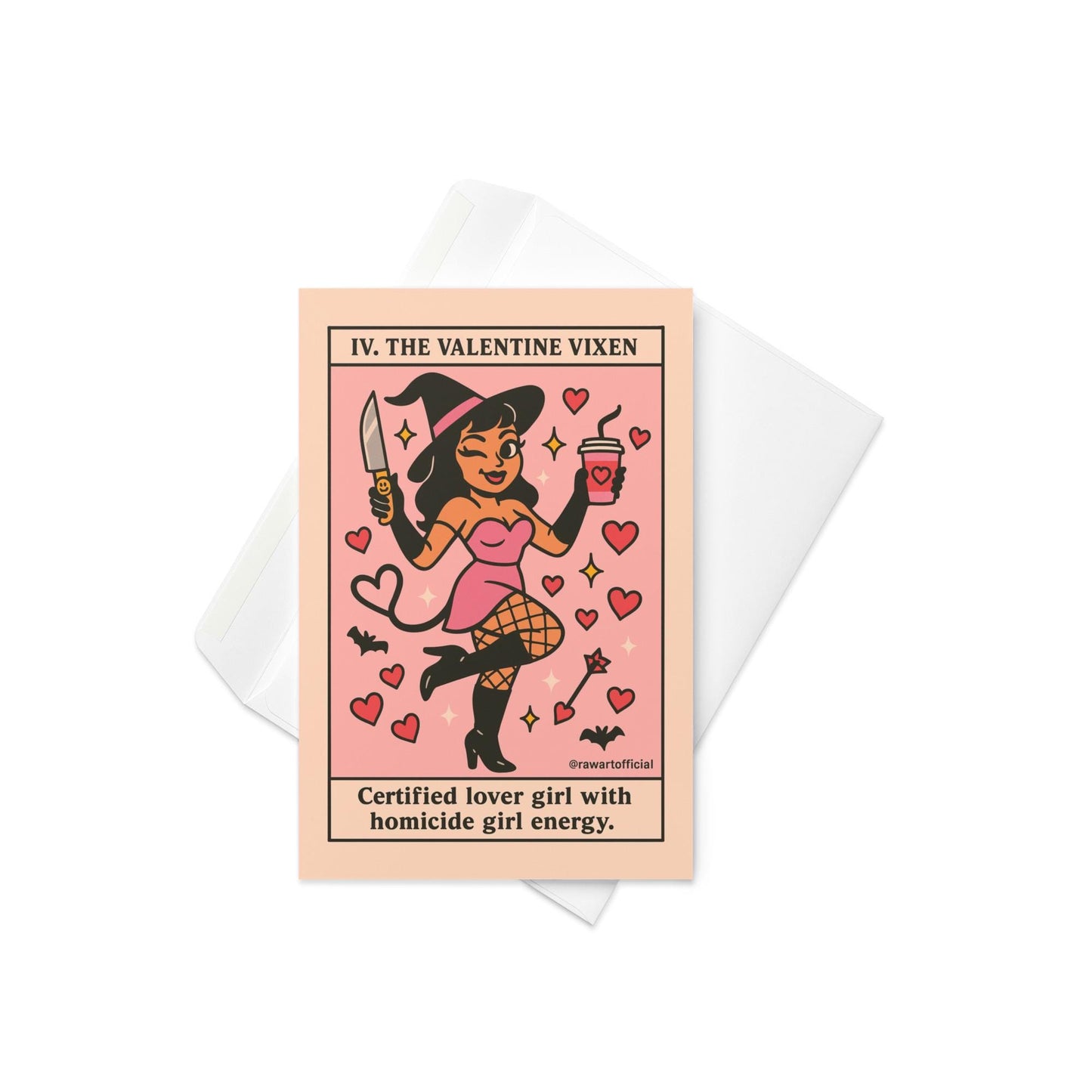Witch valentine vixen holding knife and drink, surrounded by hearts in tarot-style art.