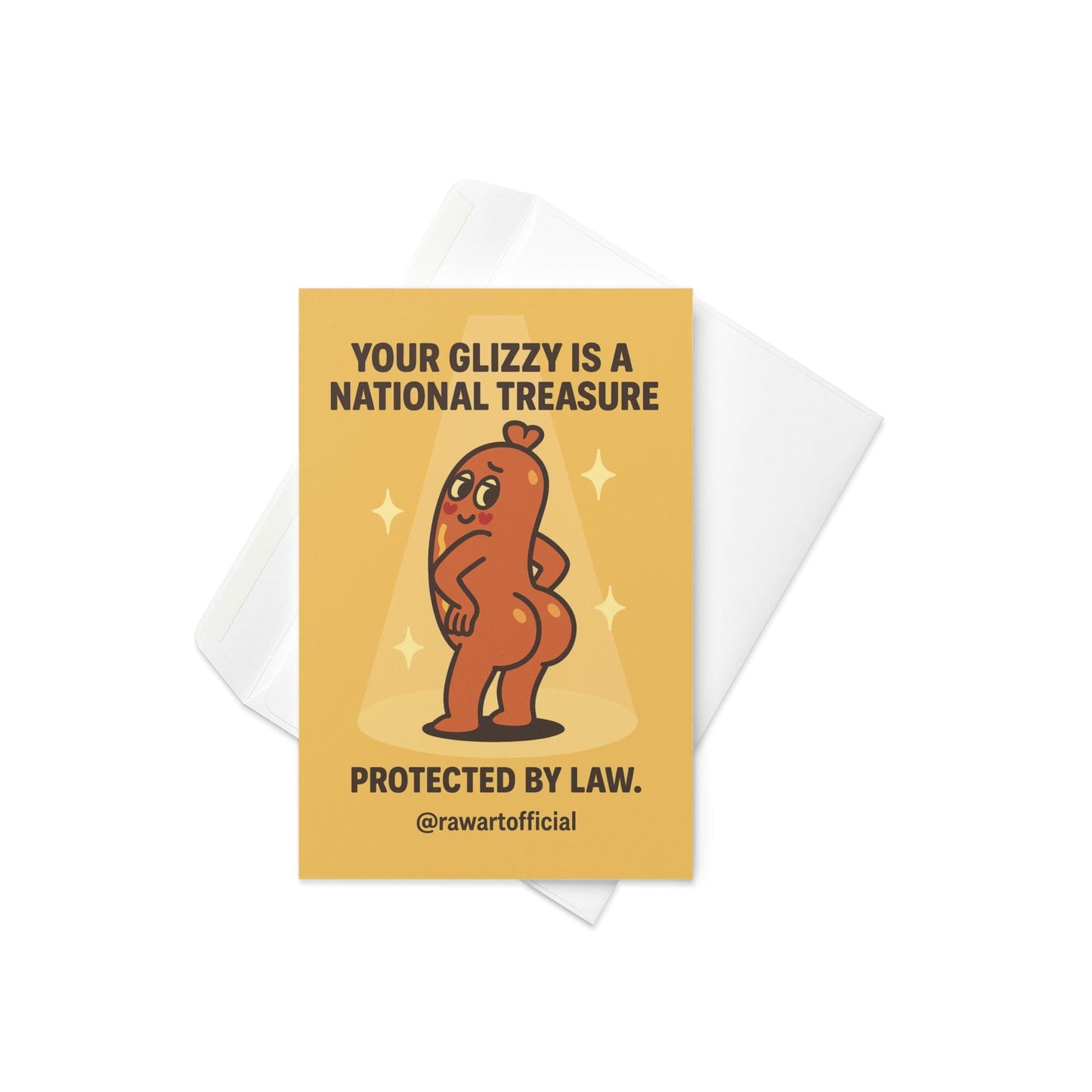 Funny lovecard with a posing cartoon hot dog under a spotlight, celebrating buns as a national treasure.