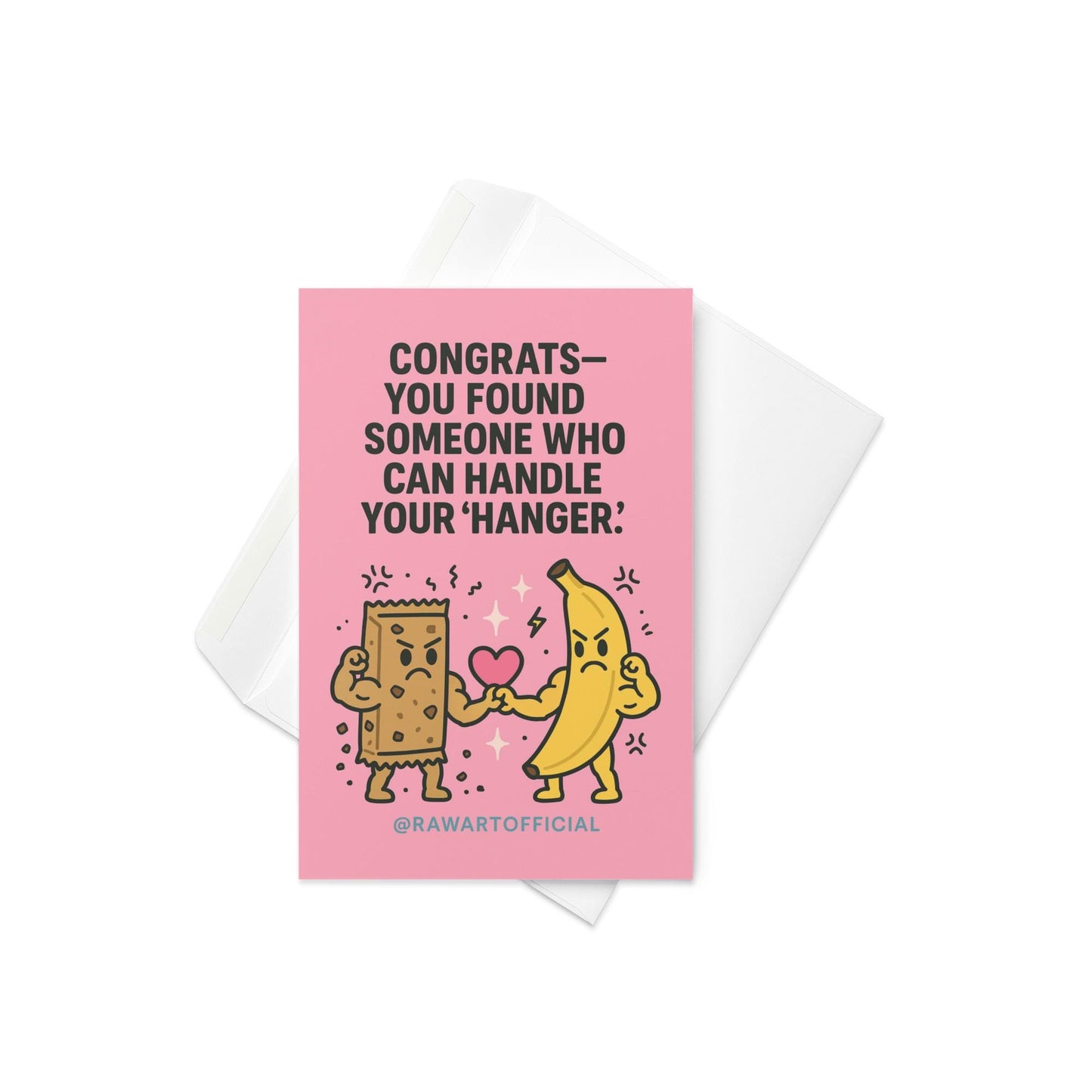 Cute pink wedding card with angry banana and granola bar holding a heart, hanger humor illustration.
