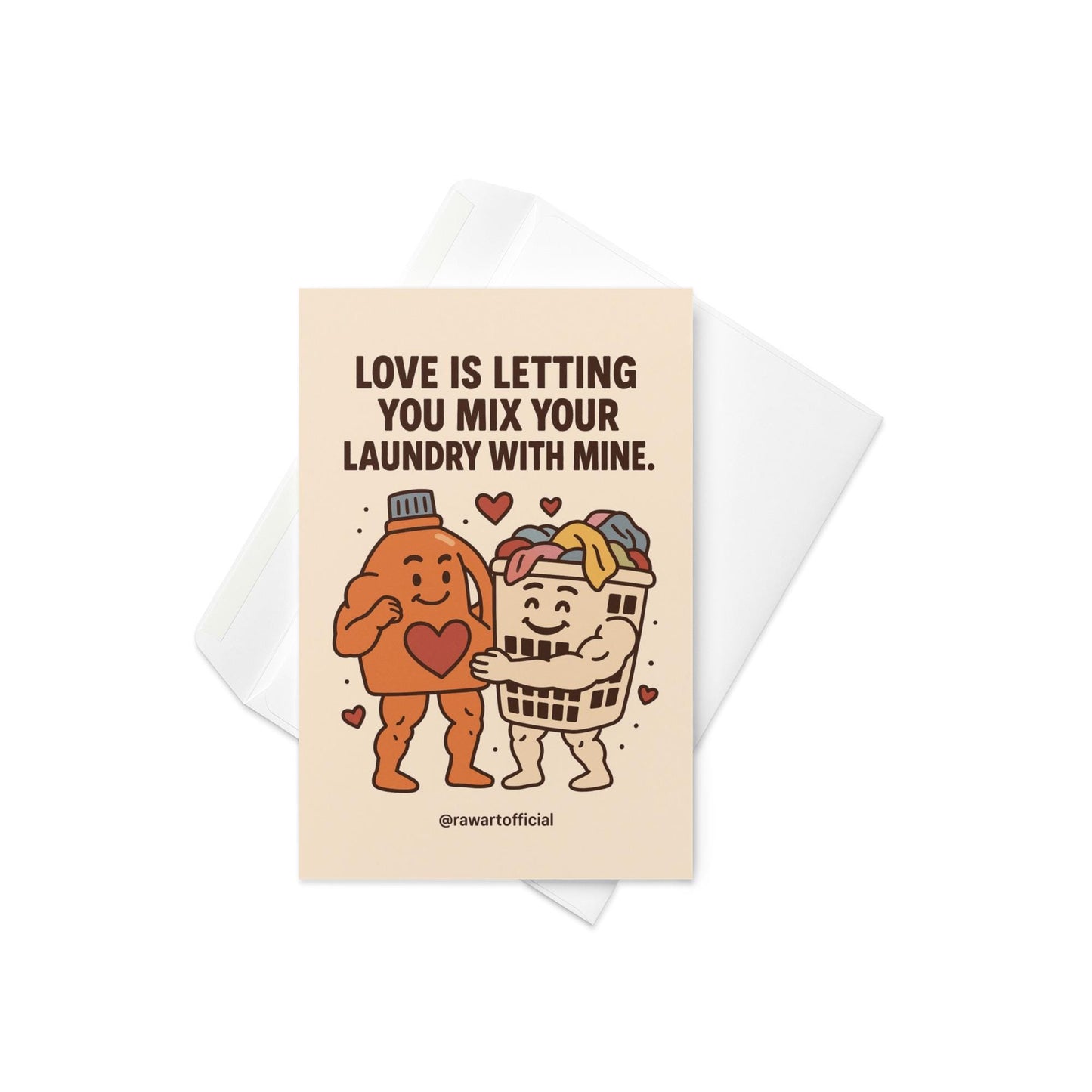 Buff detergent bottle hugging buff laundry basket with hearts, cute funny couples laundry love card.