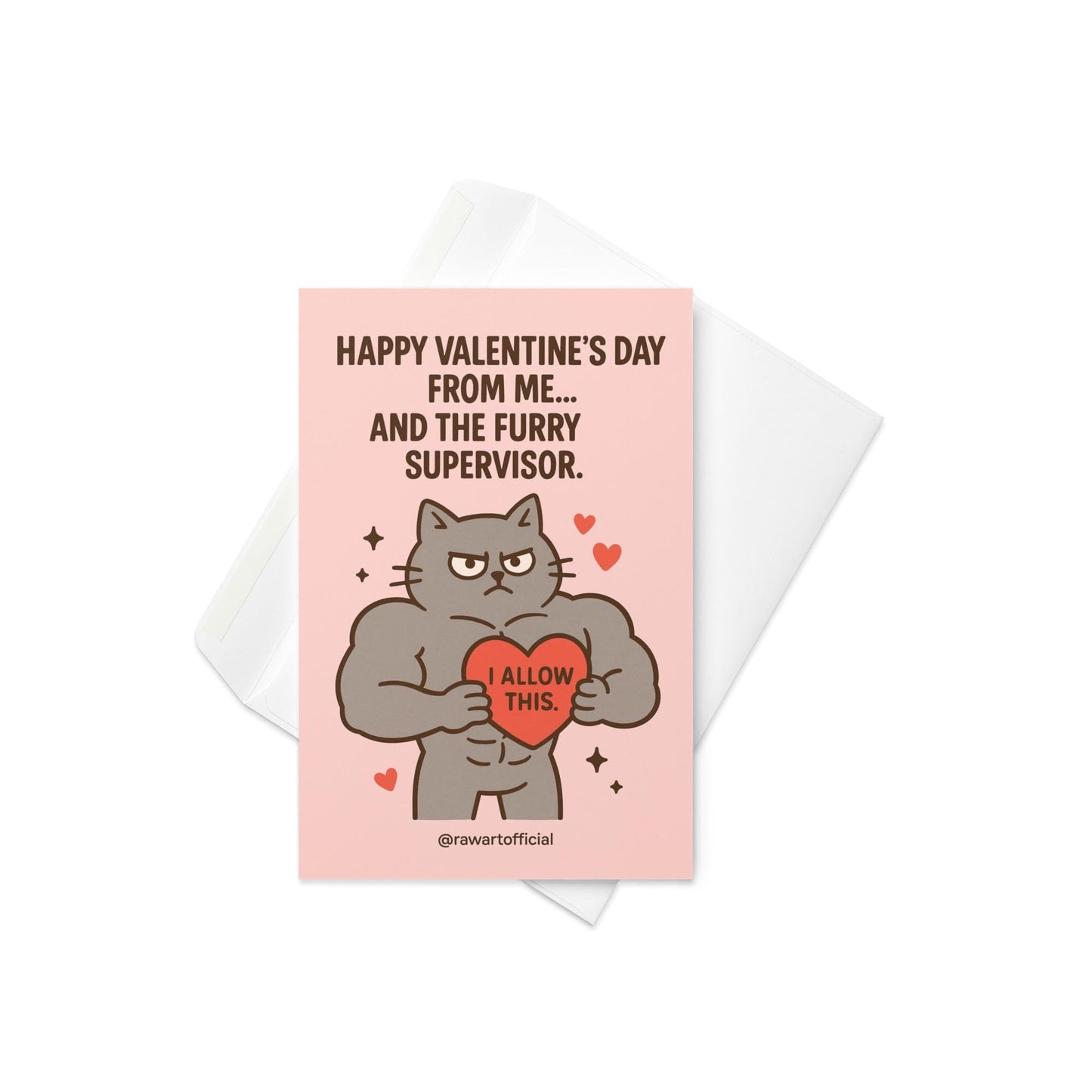 Buff grumpy cat holding a heart labeled “I allow this” on a pink Valentine background.