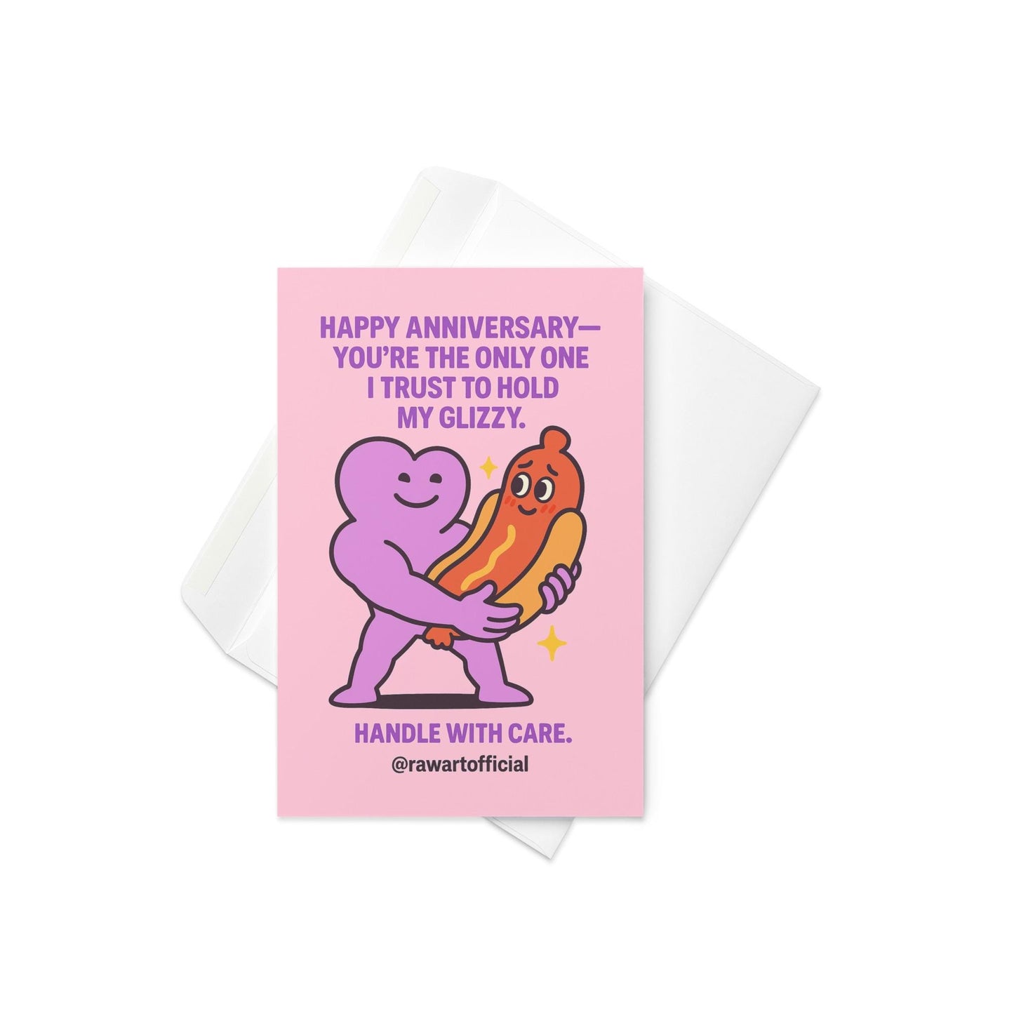 Cute cartoon heart character holding shy hot dog glizzy for funny anniversary card by @rawartofficial.