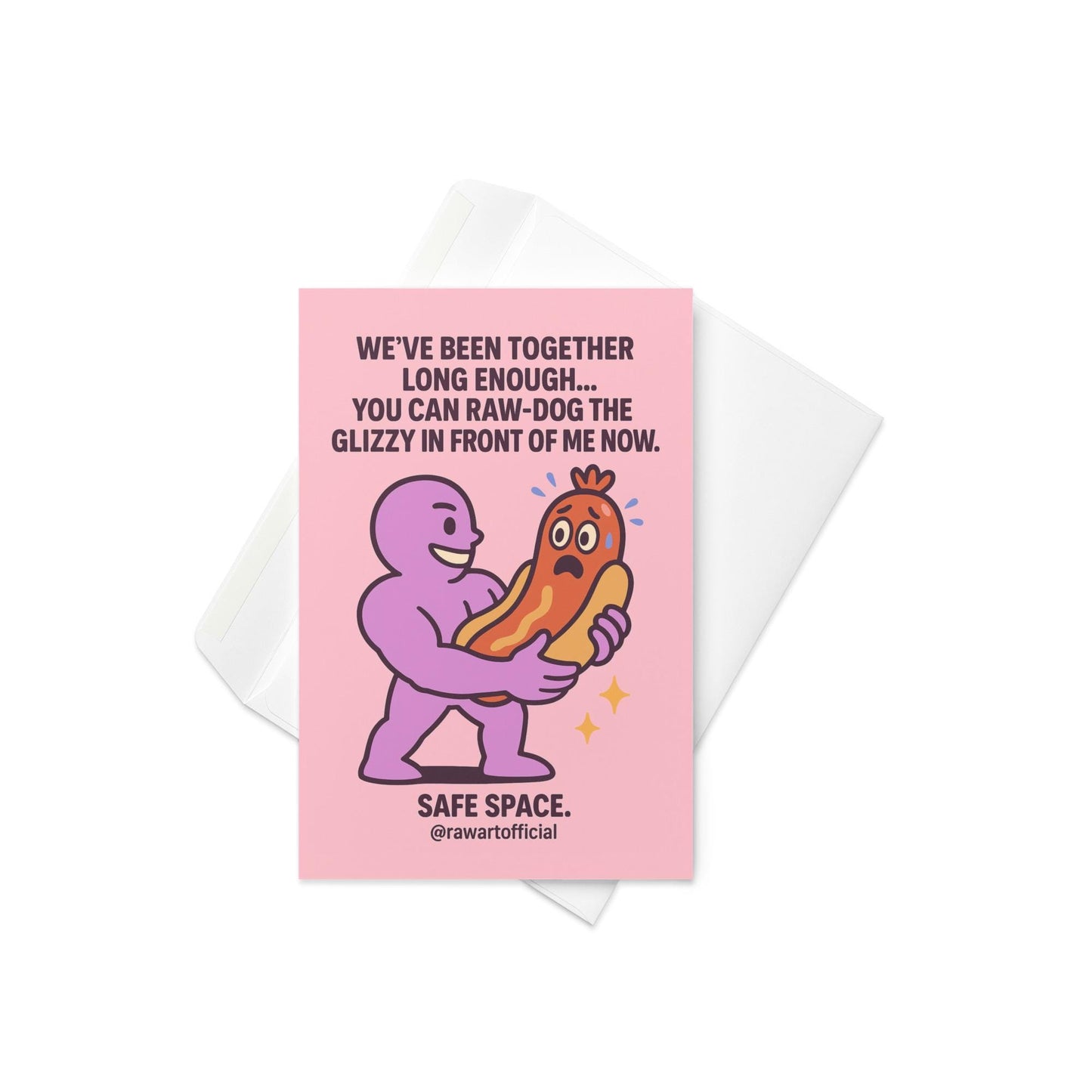 Illustration of a purple buff character holding a worried hot dog in its bun like a romantic gesture, with bold anniversary text above.