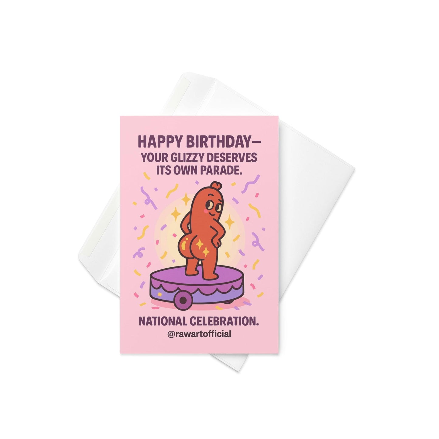 Funny birthday card with a cartoon hot dog character standing on a parade float surrounded by confetti and sparkles