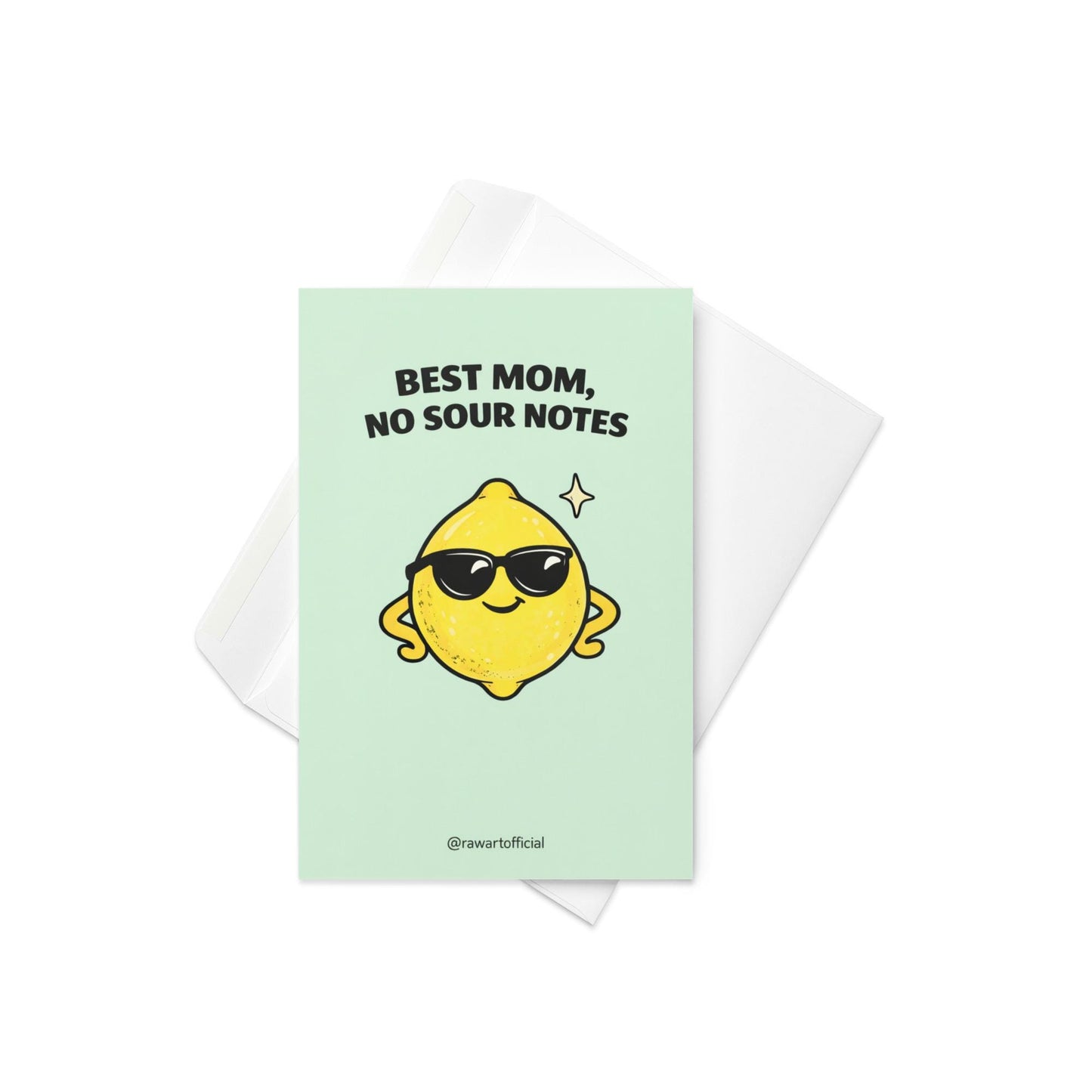 Mother’s Day card featuring a cool lemon wearing sunglasses with the text “Best Mom, No Sour Notes” on a soft green background.