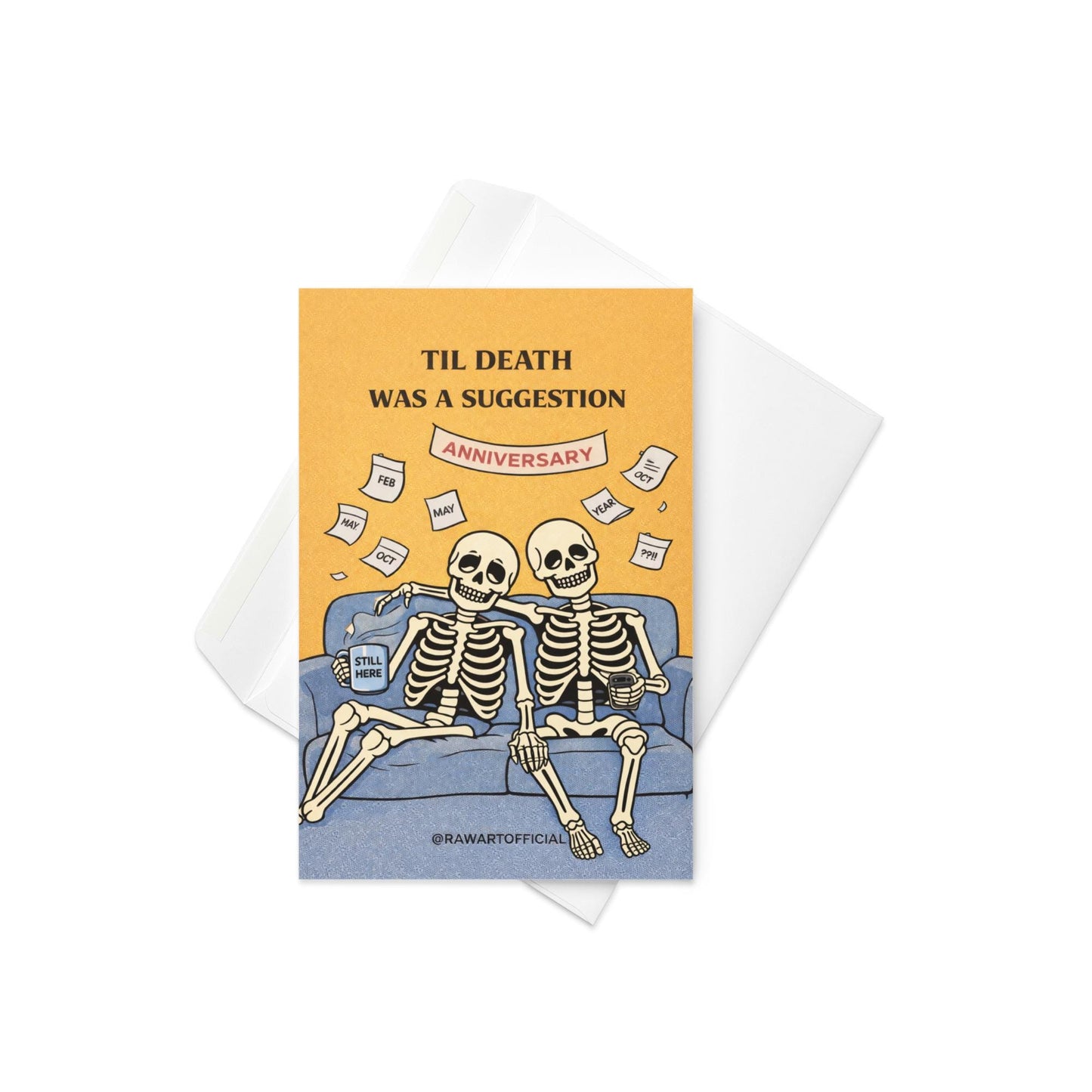funny skeleton anniversary card with couple on couch spooky dark humor love illustration