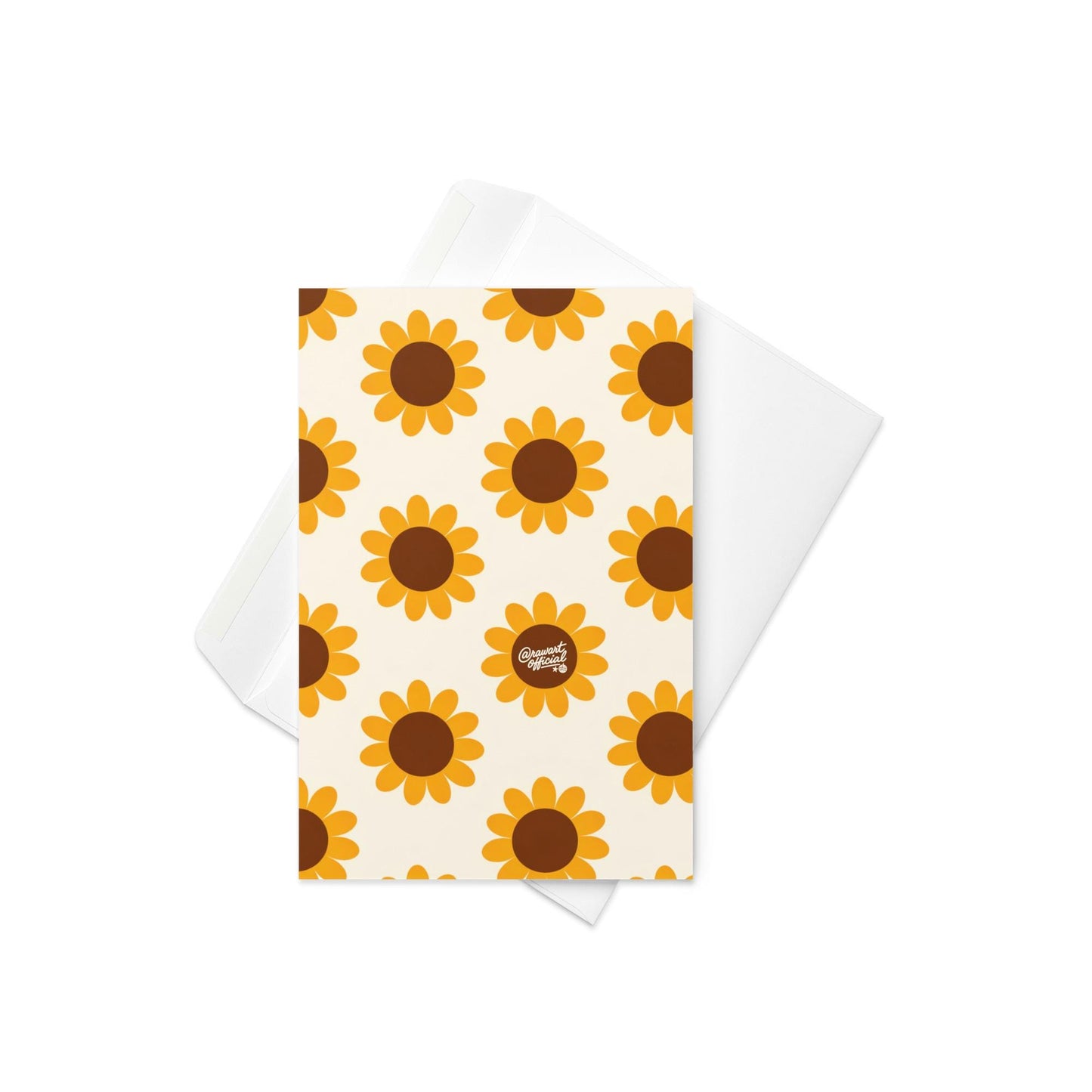 Mother’s Day greeting card featuring a bold retro sunflower pattern with mustard yellow petals and brown centers on a cream background, signed @rawartofficial.