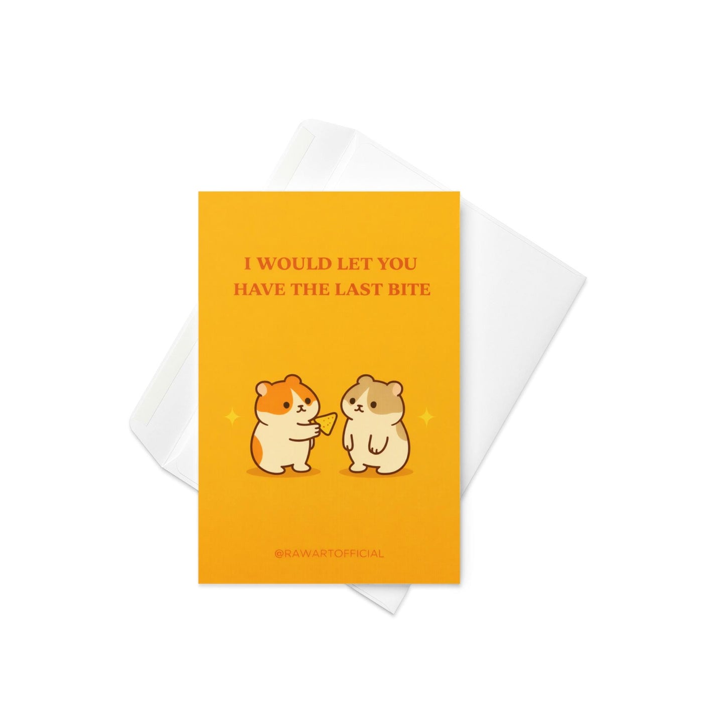 Cute romantic greeting card with two characters sharing food and text “I would let you have the last bite” on yellow background