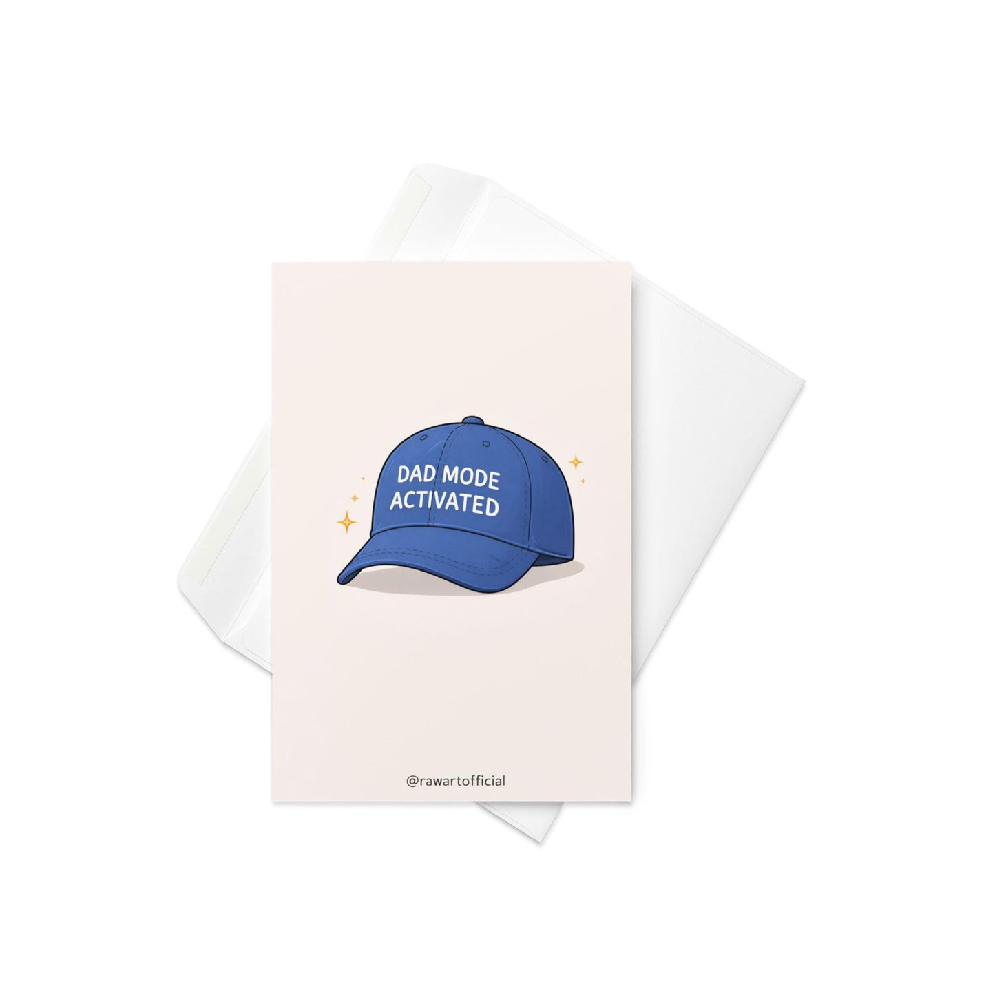 Funny dad greeting card featuring a blue hat that says “Dad Mode Activated” on a clean white background