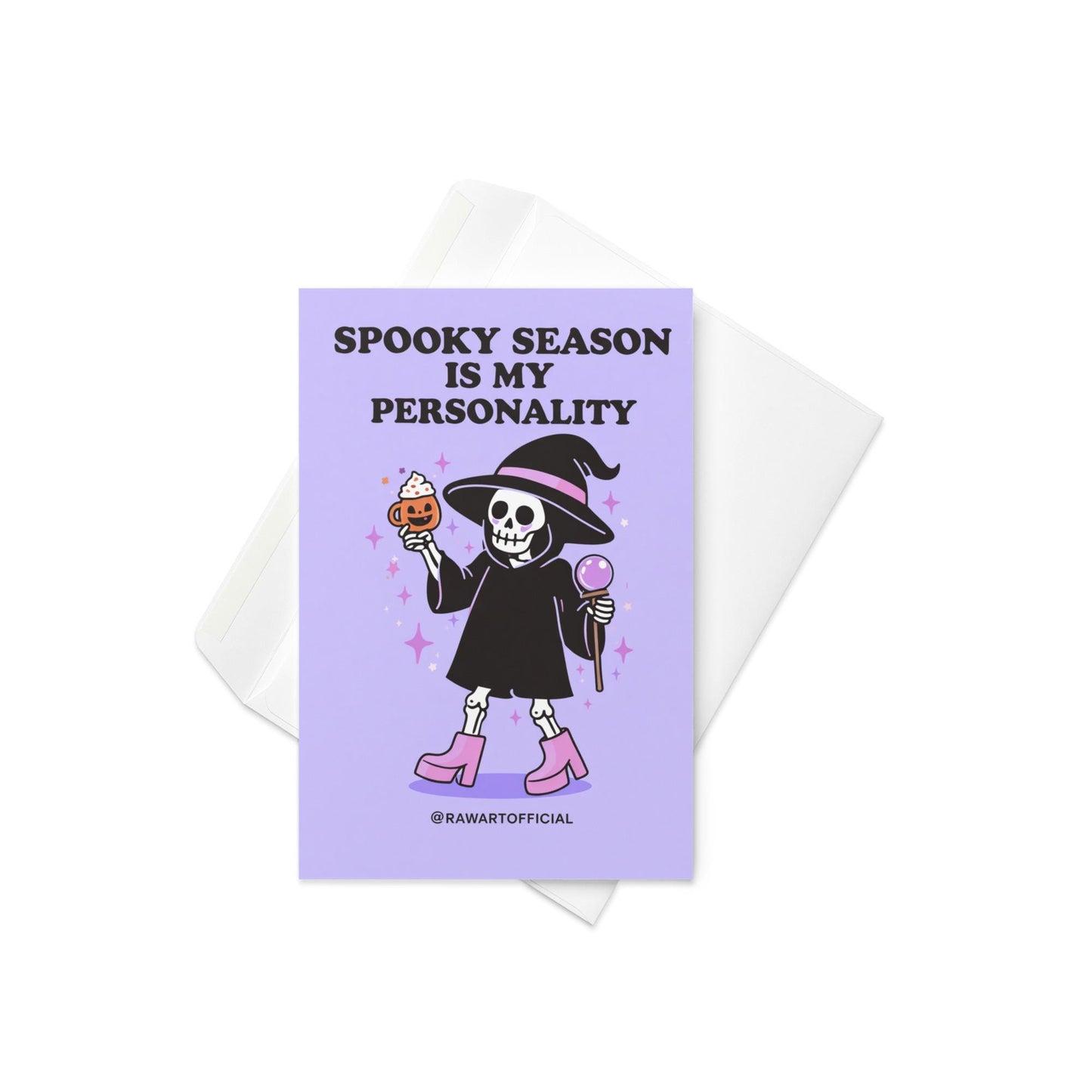 Spooky greeting card with skeleton in witch hat holding pumpkin drink and crystal ball with text “Spooky season is my personality” on purple background