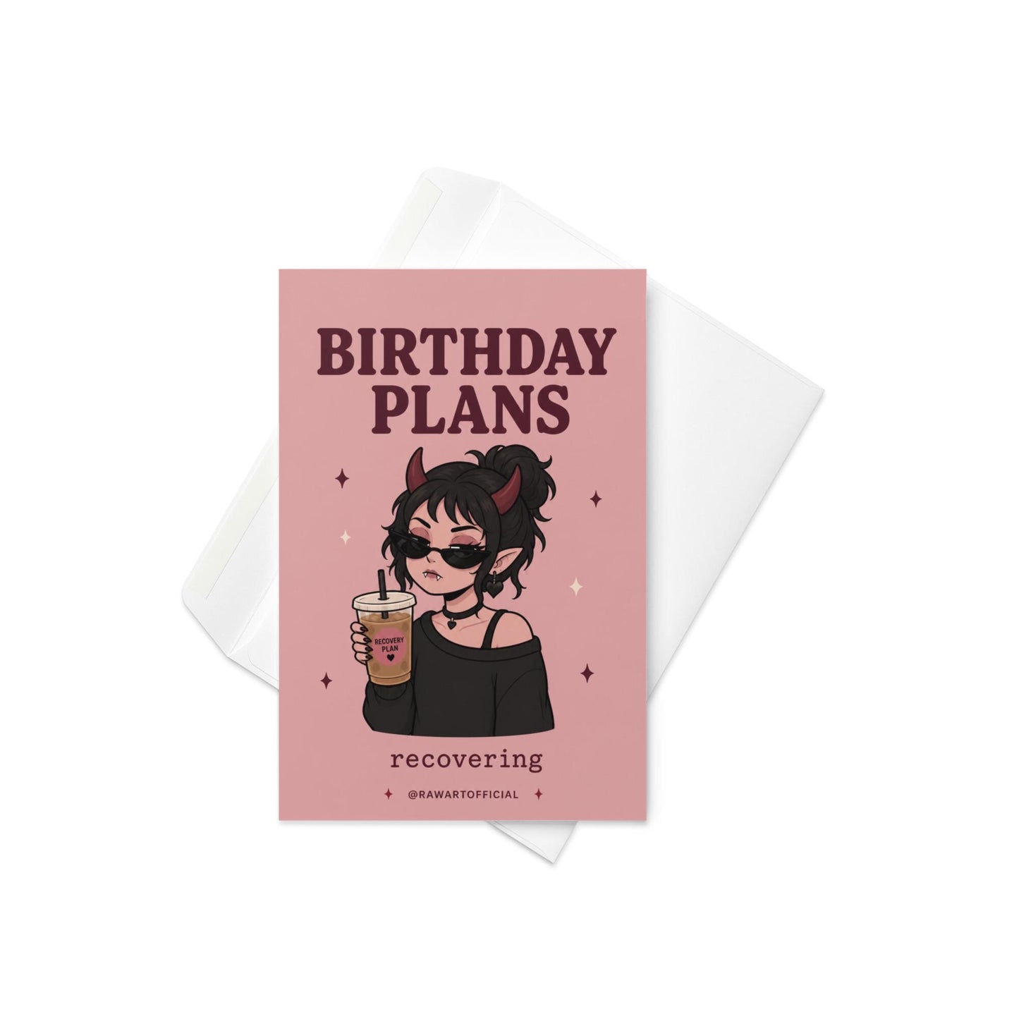 Funny spooky birthday card with goth devil girl wearing sunglasses holding iced coffee, text reads “birthday plans recovering”