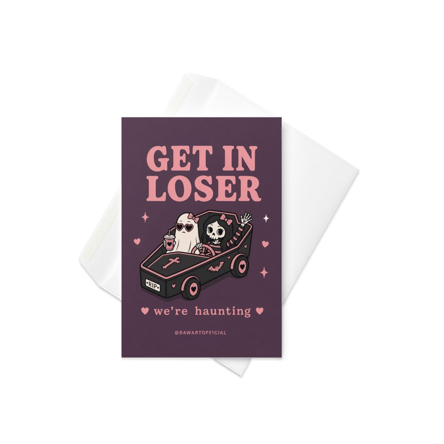 Funny spooky card with skeleton and ghost in hearse saying get in loser we are haunting