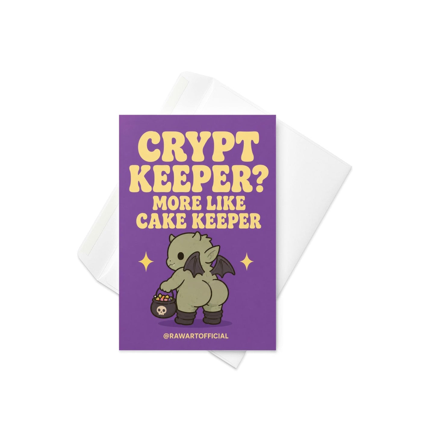 Funny Halloween greeting card with cute candy corn witch booty character holding candy bucket and retro text reading “Sweet Cheeks” on orange background.