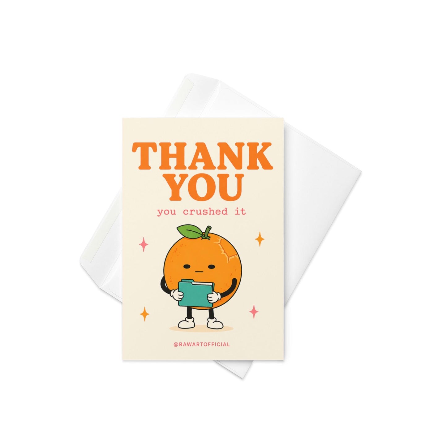 Funny coworker thank you greeting card with cartoon orange holding clipboard saying “Thank You, you crushed it” on cream background.