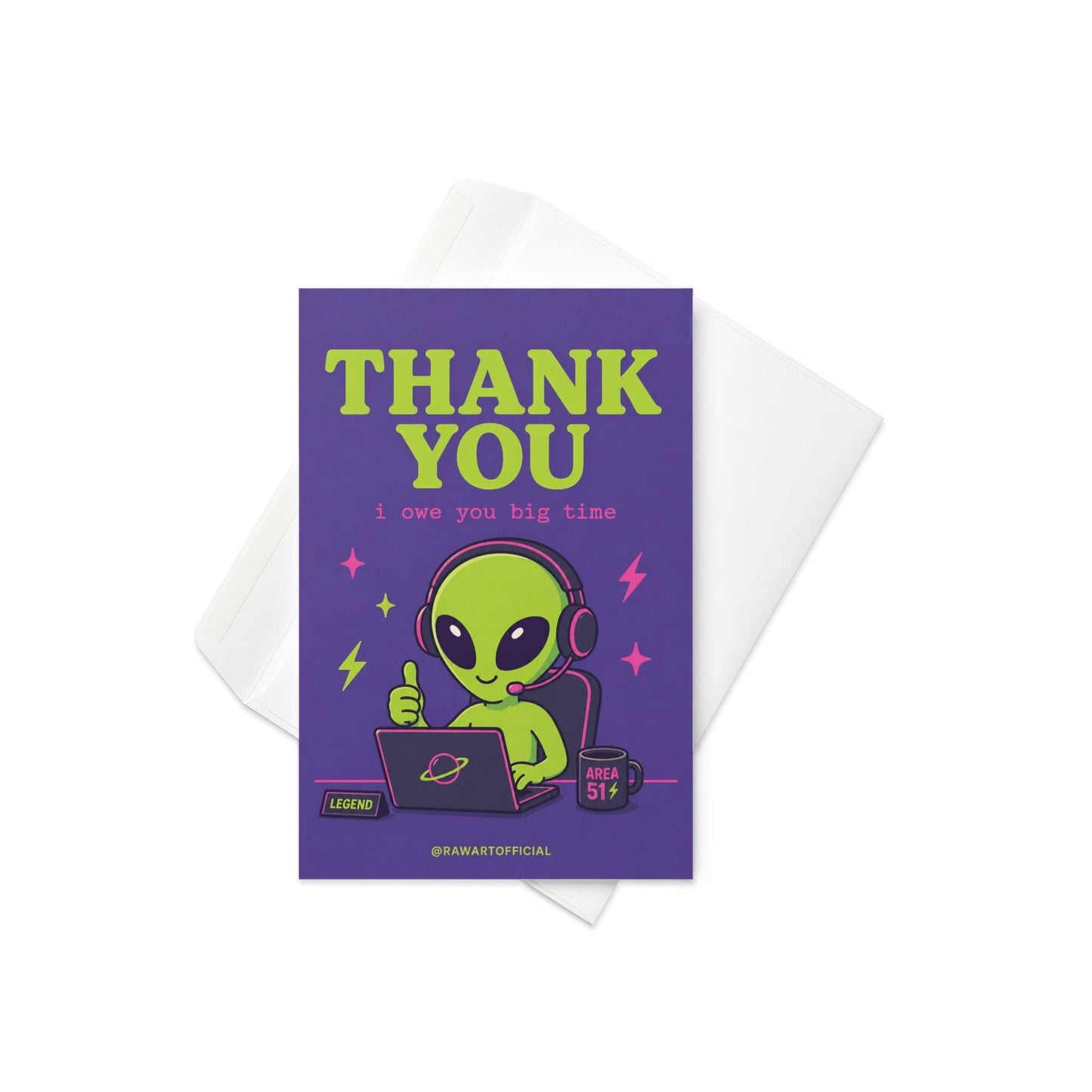 Funny coworker thank you greeting card with cartoon alien wearing headset at computer saying “Thank You, i owe you big time” on purple background.