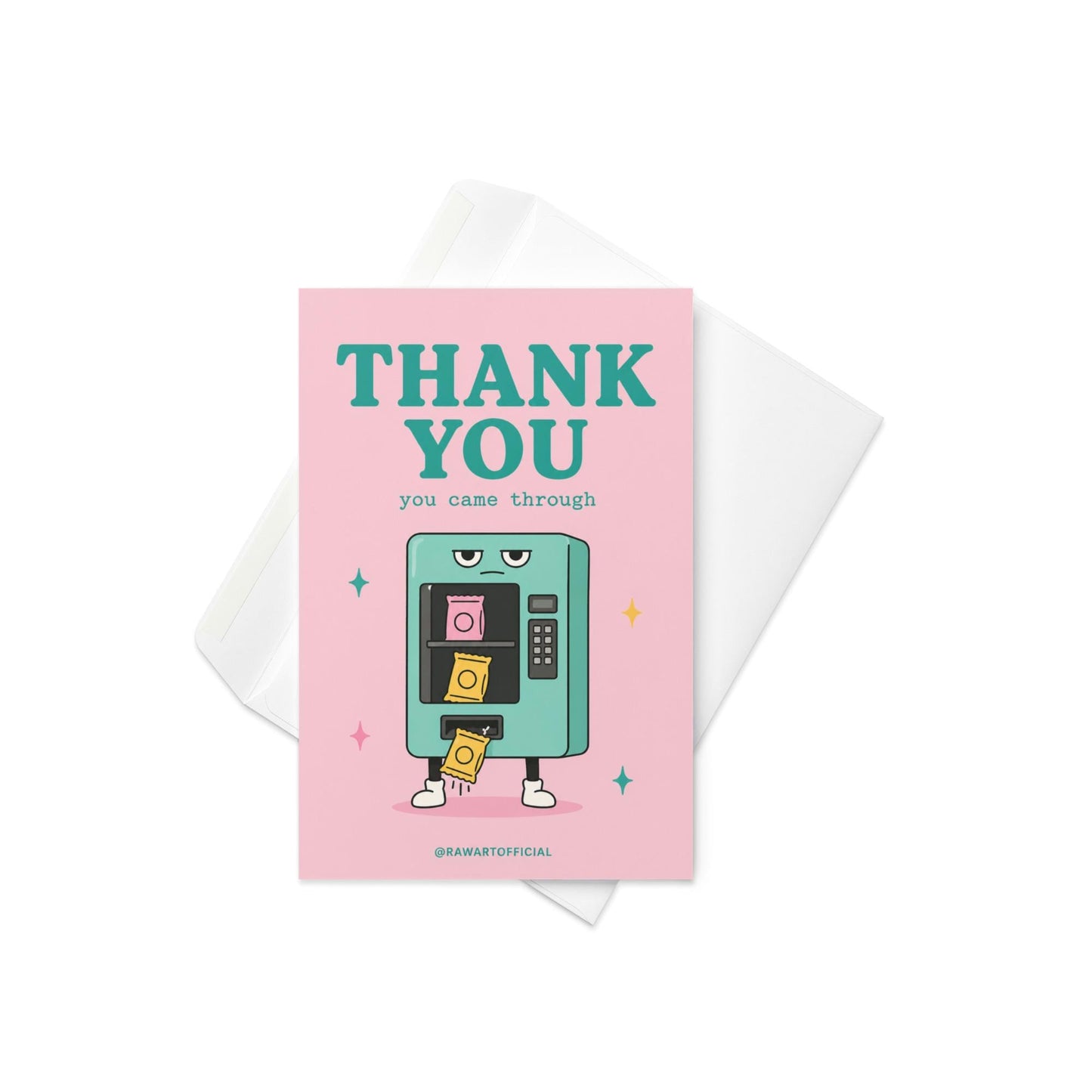 Funny coworker thank you greeting card with cartoon vending machine saying “Thank You, you came through” on pink background.