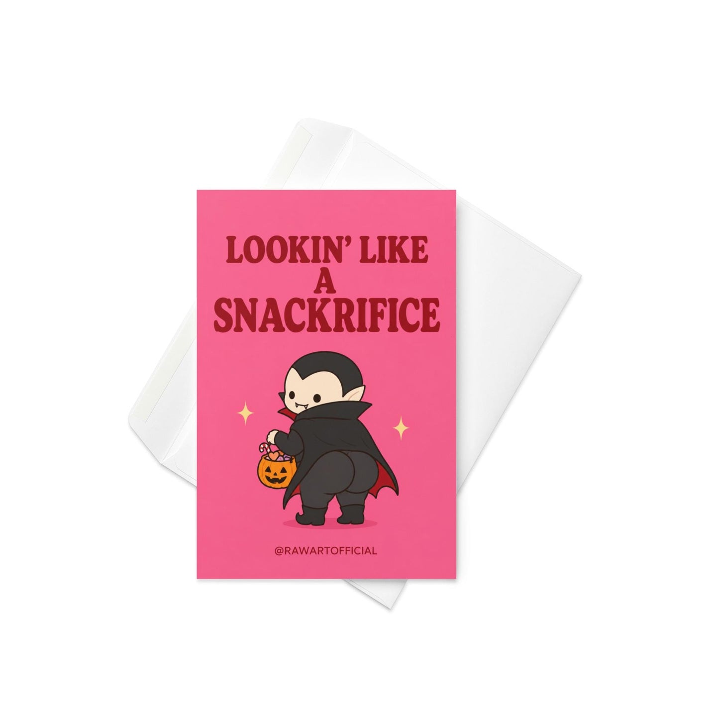 Funny Halloween greeting card with cute vampire booty holding pumpkin candy bucket on pink background saying “Lookin’ Like a Snackrifice”