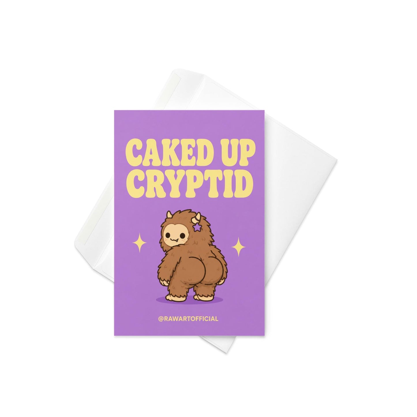 Funny Halloween greeting card with cute caked up cryptid Bigfoot character on lavender background saying “Caked Up Cryptid” in retro lettering.