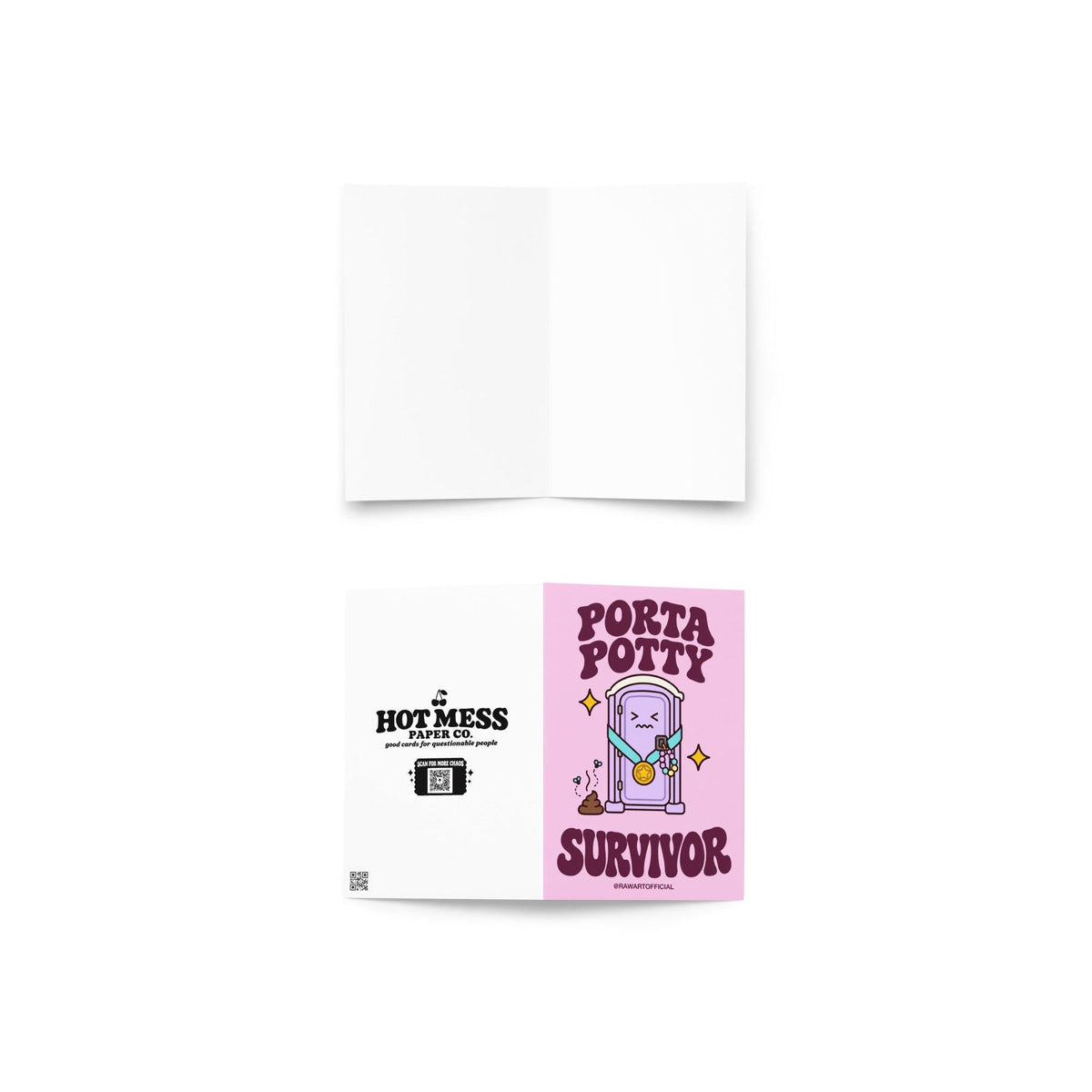 Funny rave festival greeting card featuring a purple porta potty with a gold survivor medal, colorful kandi bracelets, and a pile of poop with buzzing flies. Pink background with the phrase "Porta Potty Survivor." Perfect for EDM lovers, festival besties, and ravers.