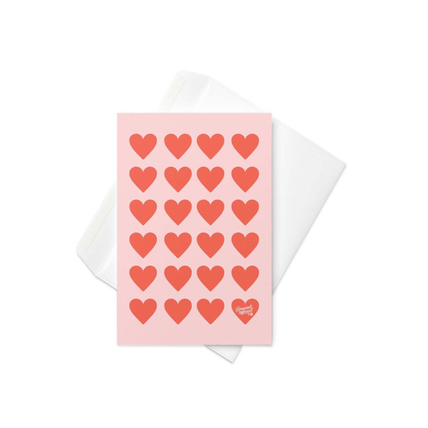 Pink card with repeating red heart pattern and one heart signed @rawartofficial.